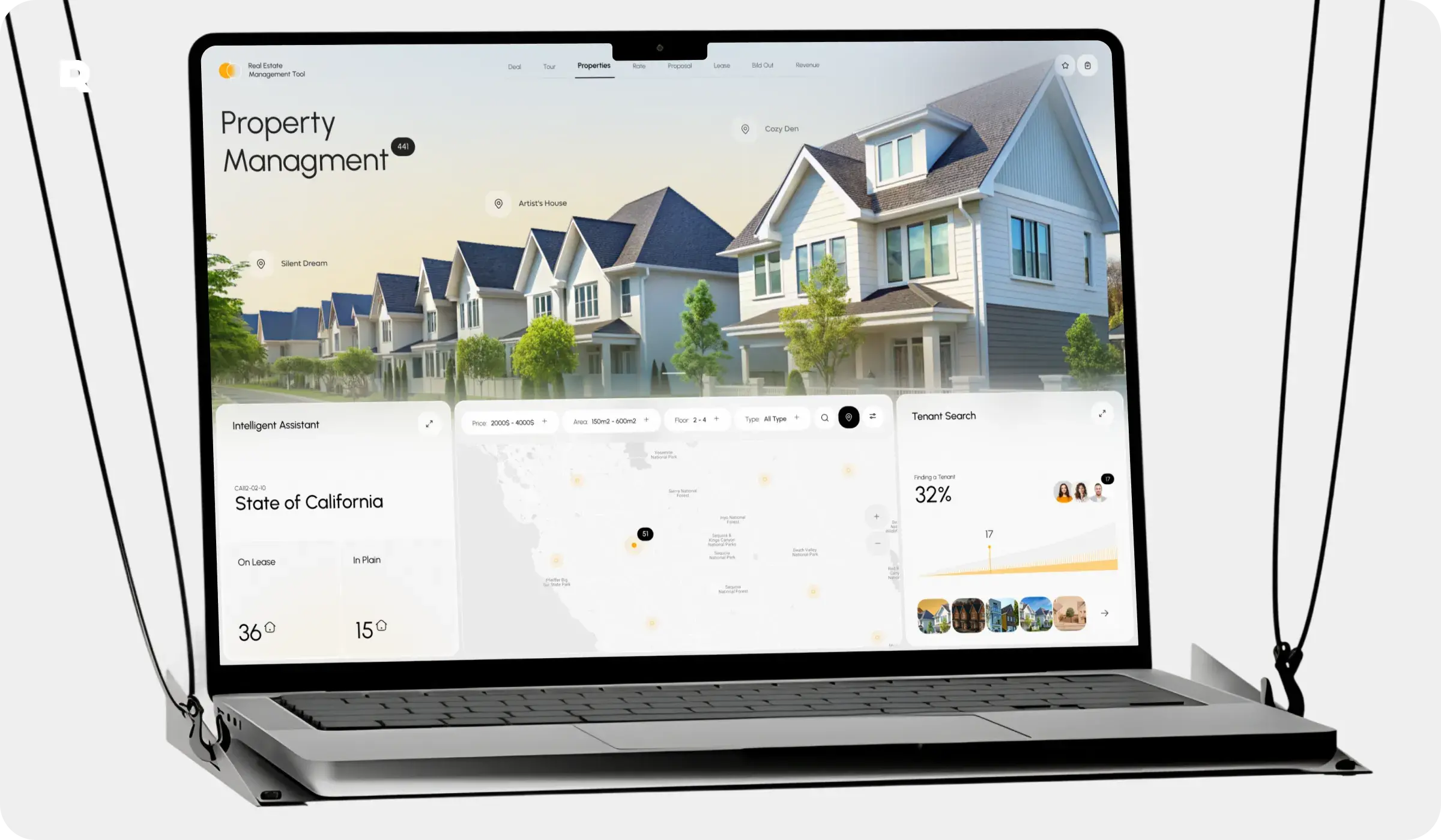 Screenshot: UX/UI design of a real estate SAAS management web application interface.',