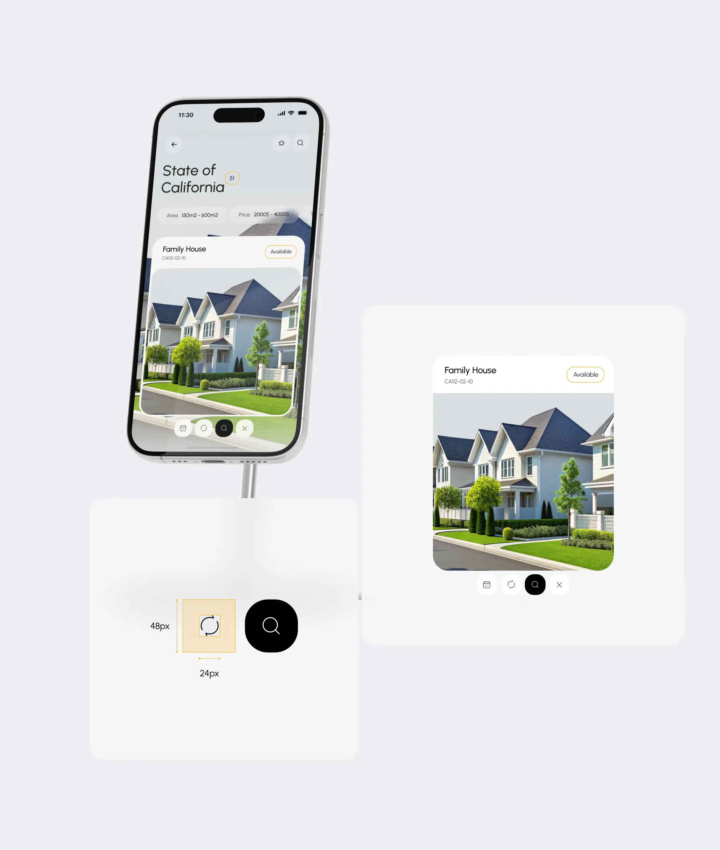 Screenshot of a real estate management SaaS mobile interface on an iPhone.