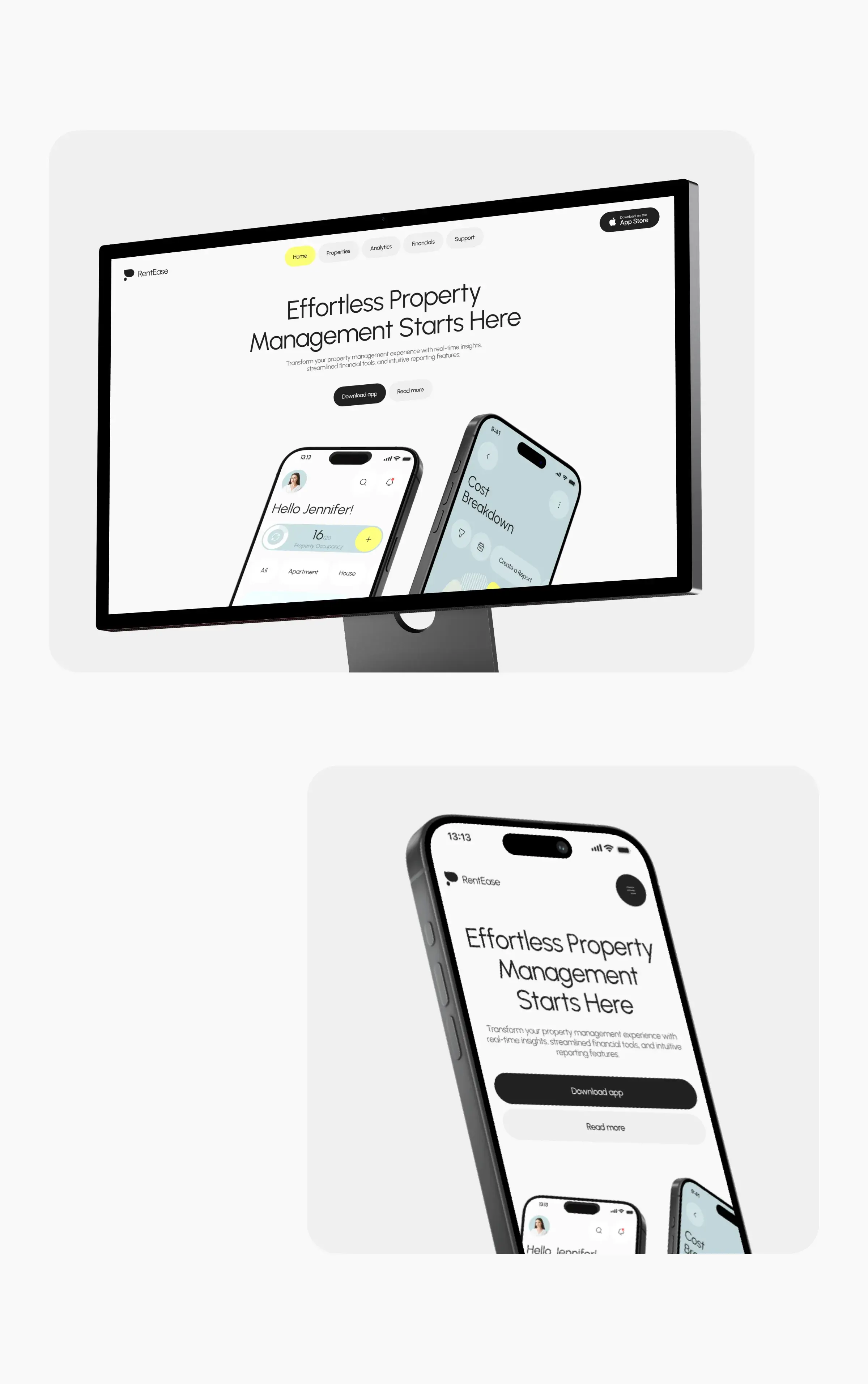 Screenshot of the RentEase property management SaaS mobile app interface.