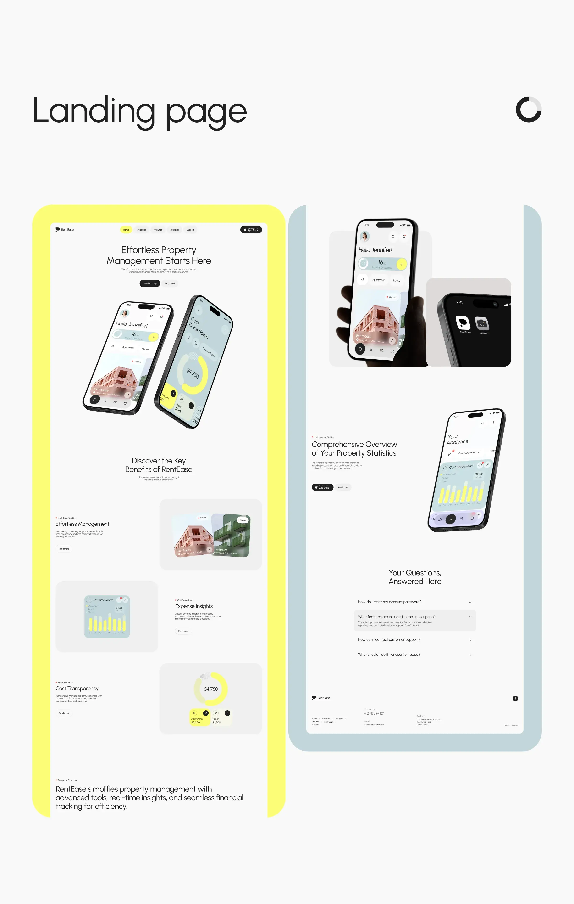 RentEase property management mobile app UI screens on multiple phones.