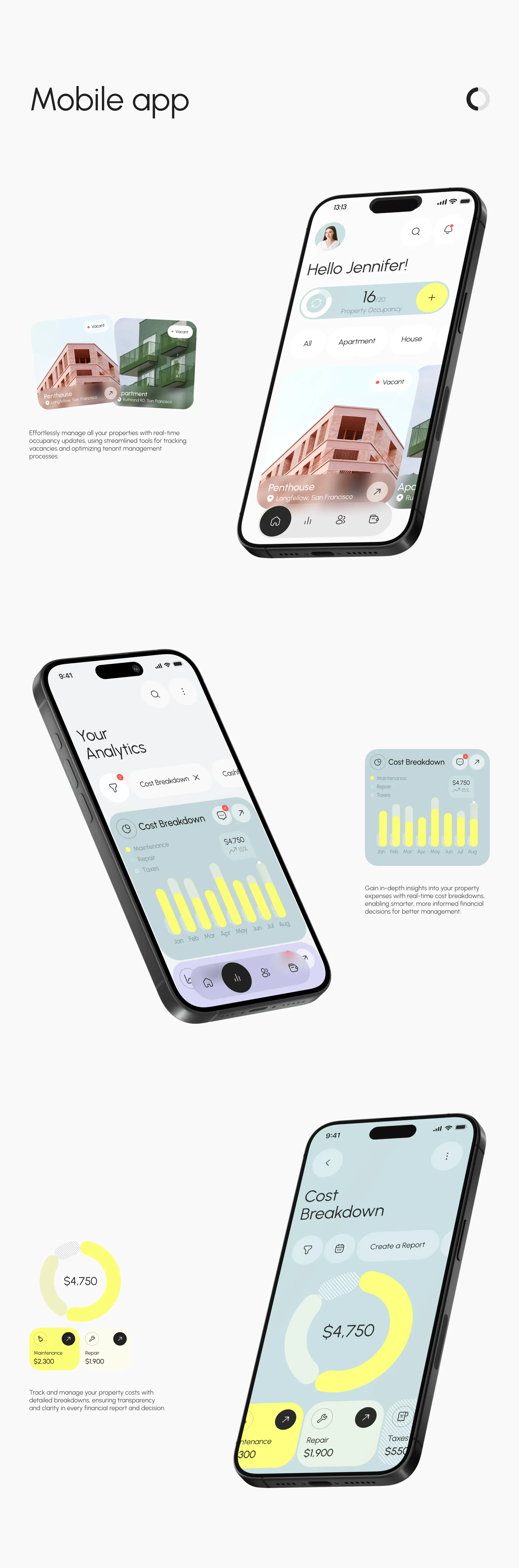 Screenshot of the RentEase property management mobile app UI/UX.