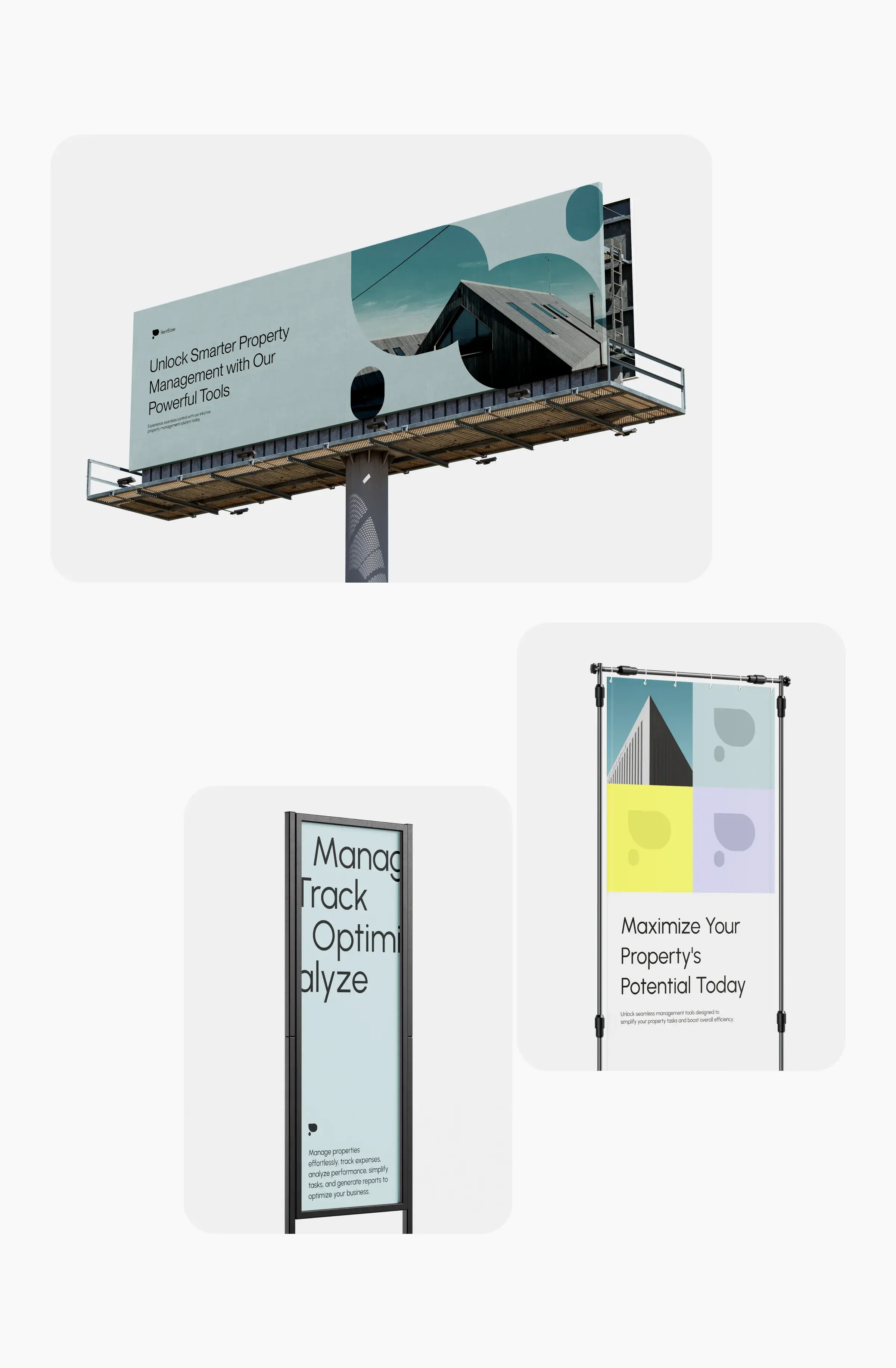 Advertising graphic for RentEase property app UI, featuring a data meter.