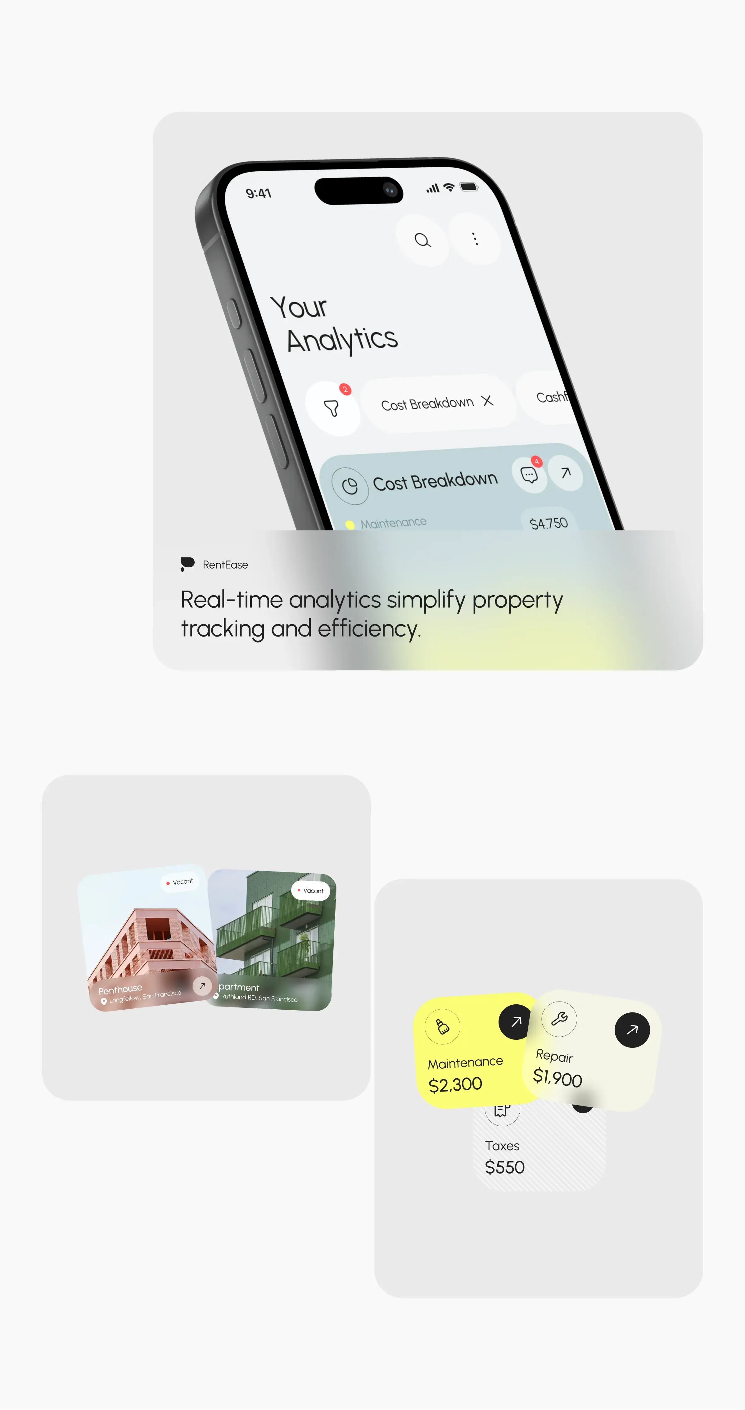 Screenshot of the Rentease property management mobile app UI.