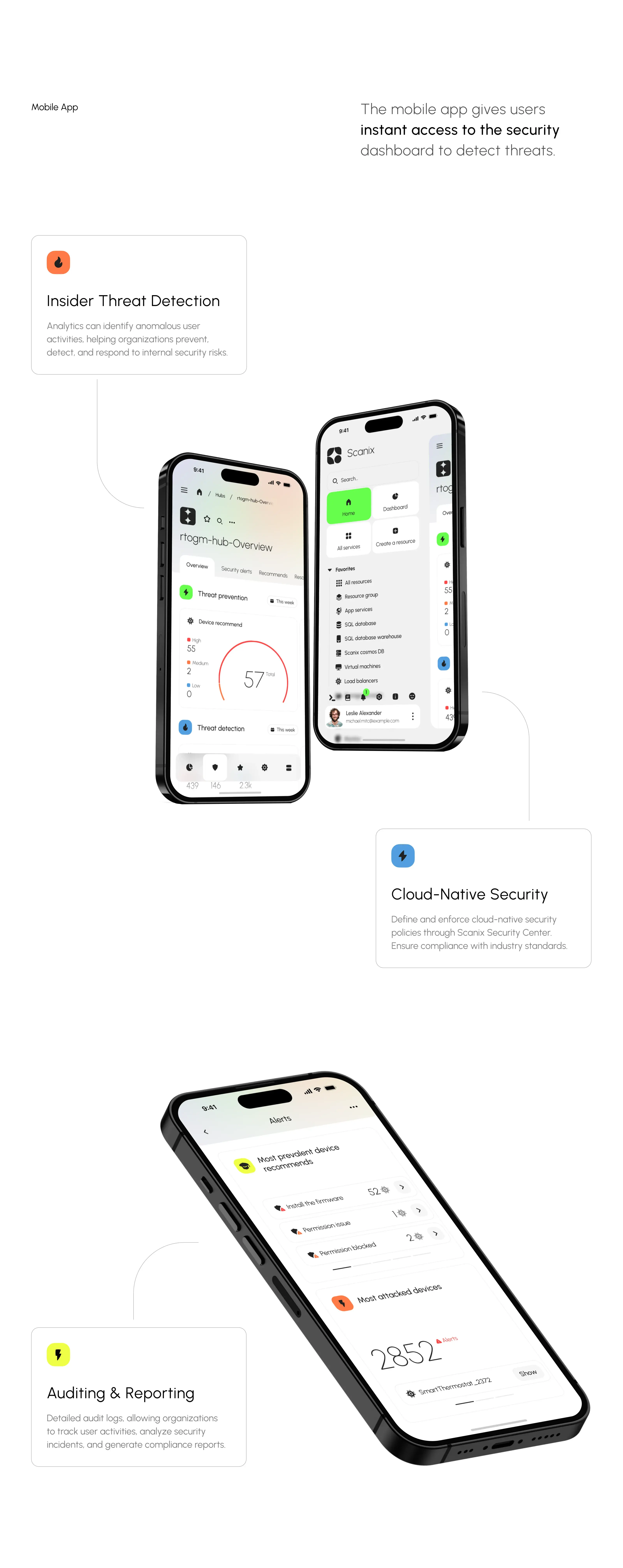 UI design screenshot of the Scanix AI security SaaS application on a mobile device.