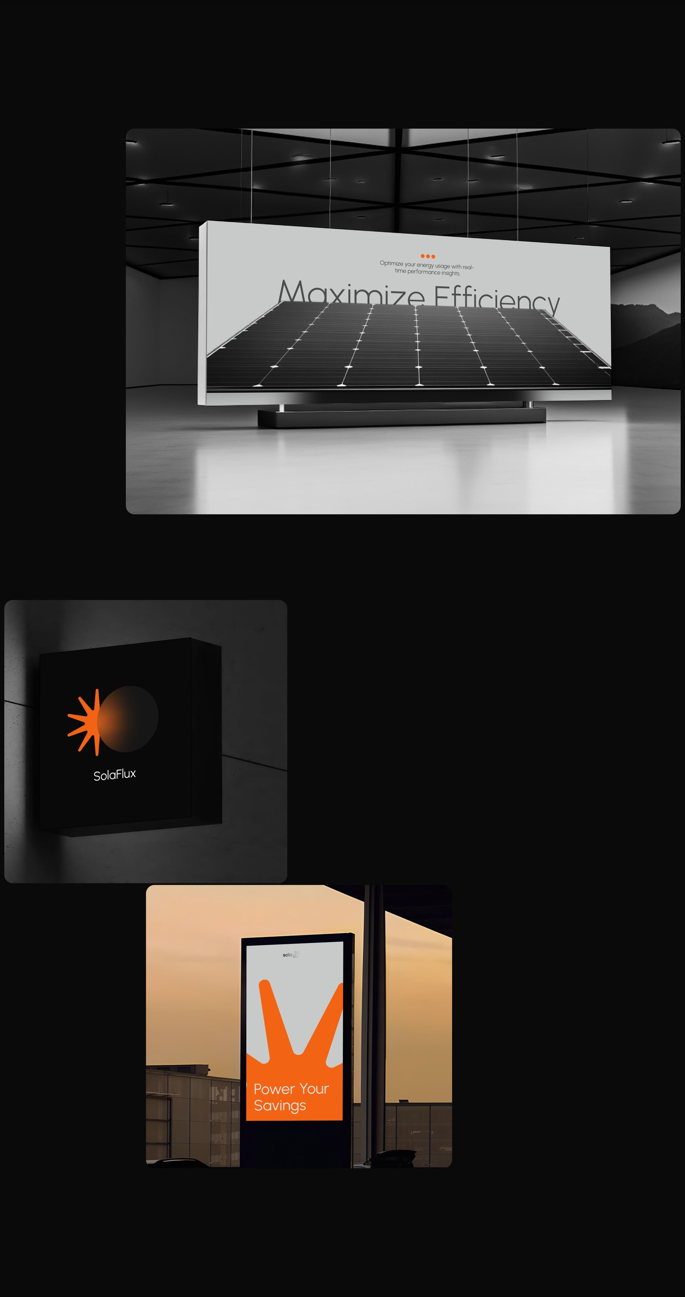 SolaFlux branding and visual mockup of the app interface showing energy insights.
