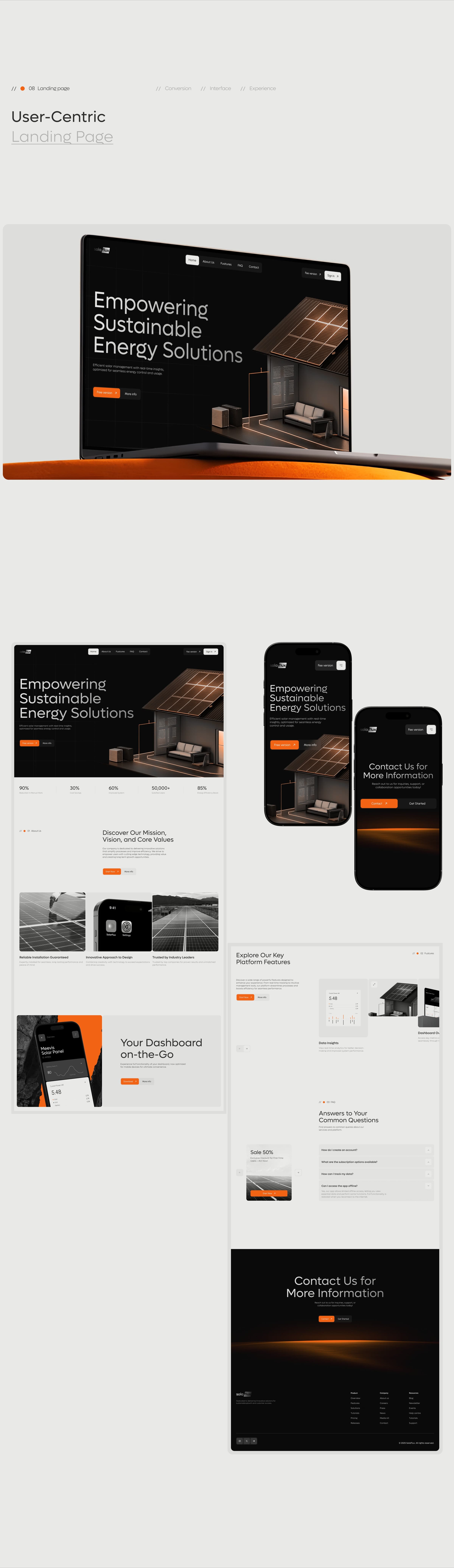 Solaflux solar energy SaaS branding and web UI design sample showing logo and meter graphic.