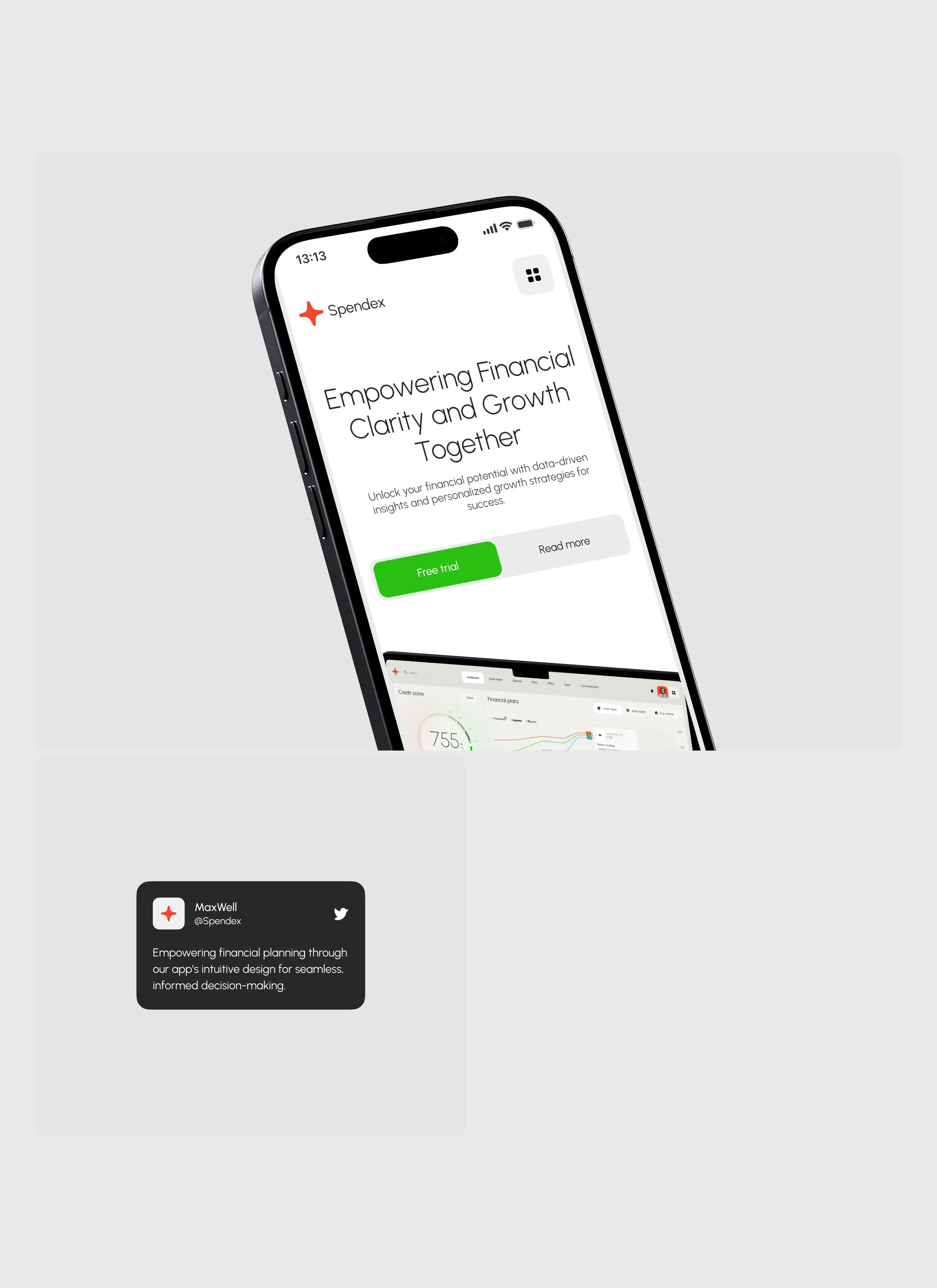 Screenshot of the Spendex credit SaaS mobile app UI.