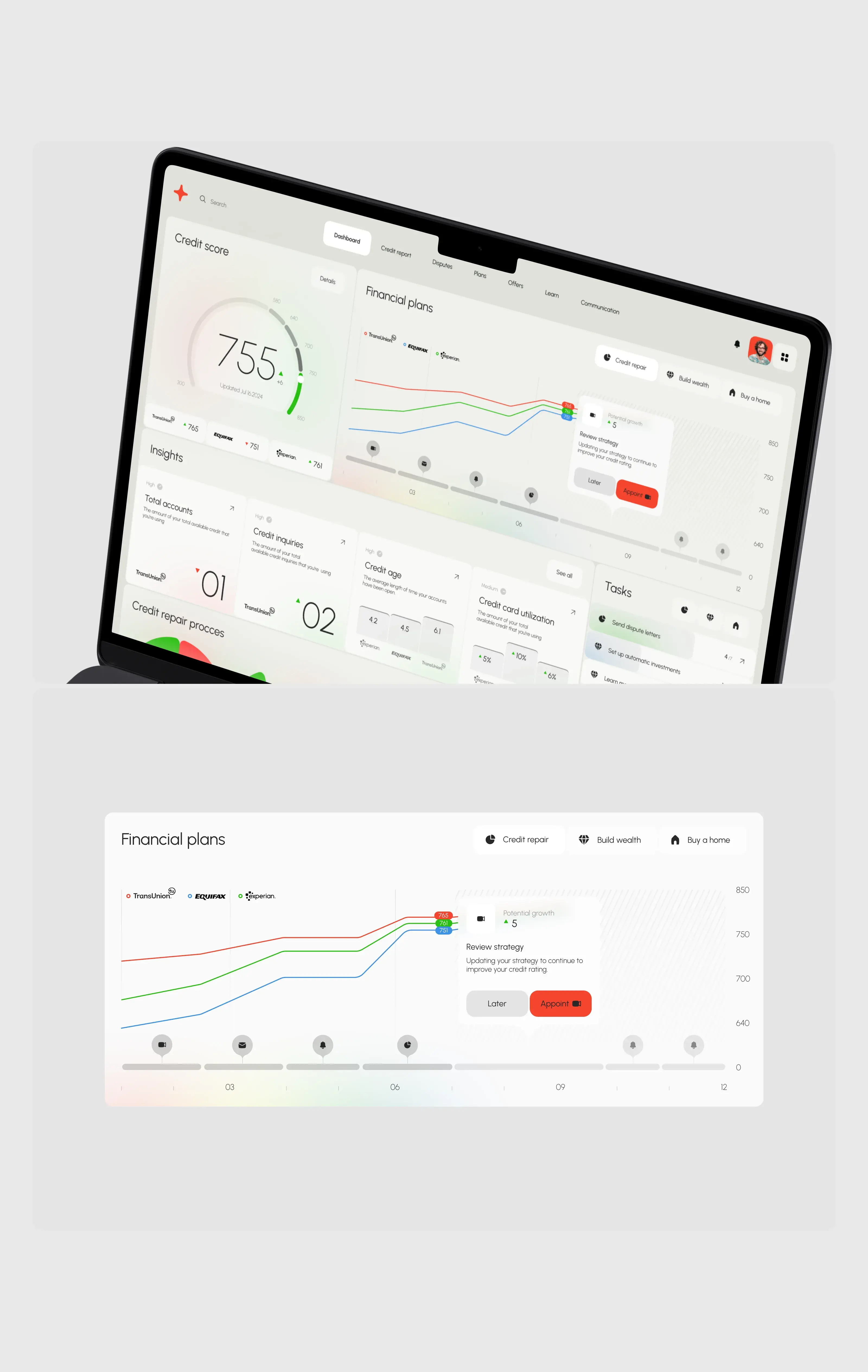 UI/UX diagram for a credit SaaS application, showing a meter indicator on a web page interface.