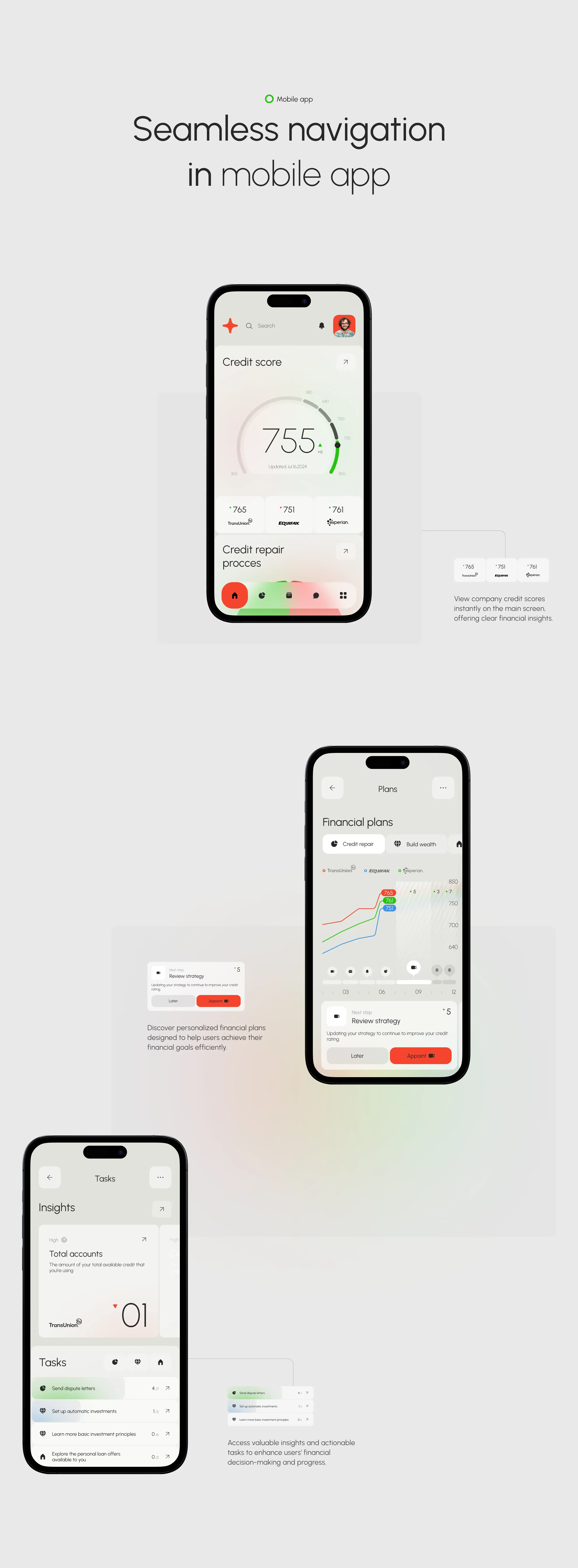 Spendex credit SaaS mobile app UI design shown on multiple smartphones.