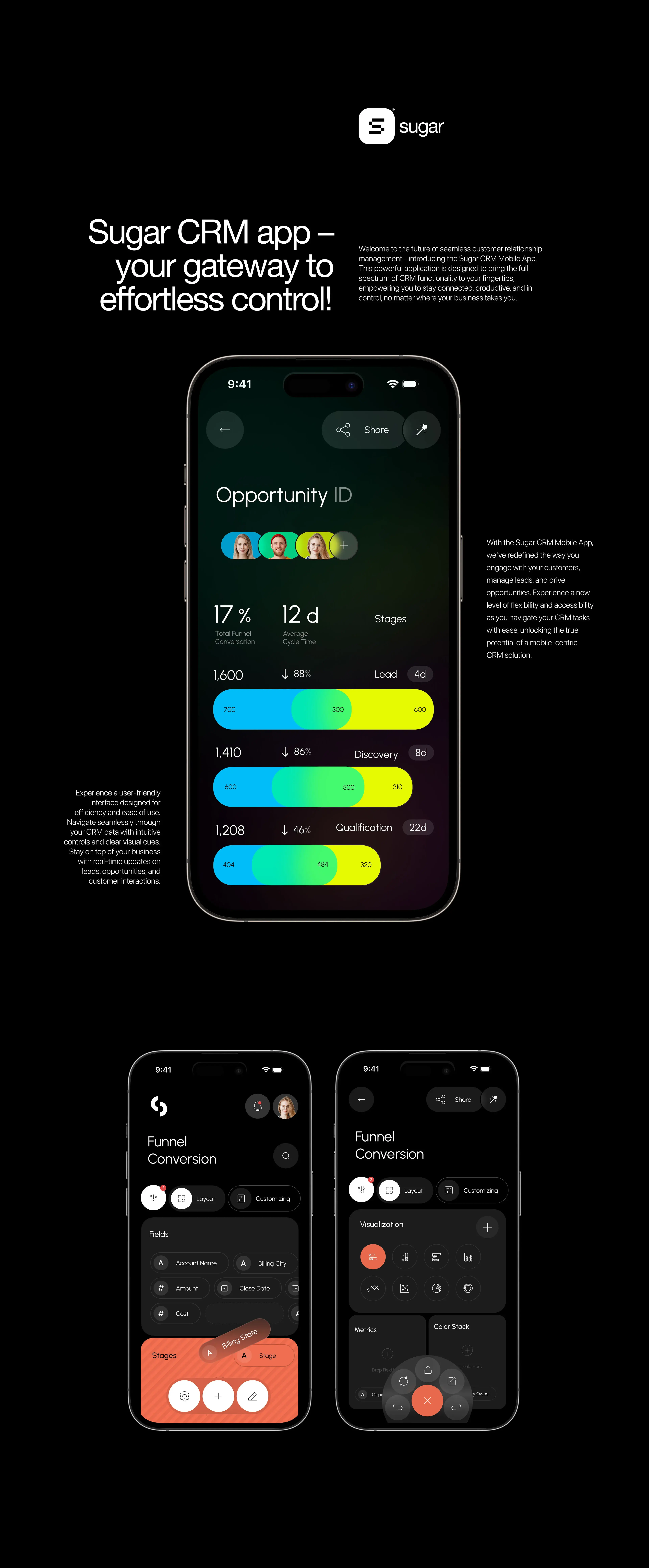 Screenshot showing the mobile UI design for the enterprise CRM SaaS application.