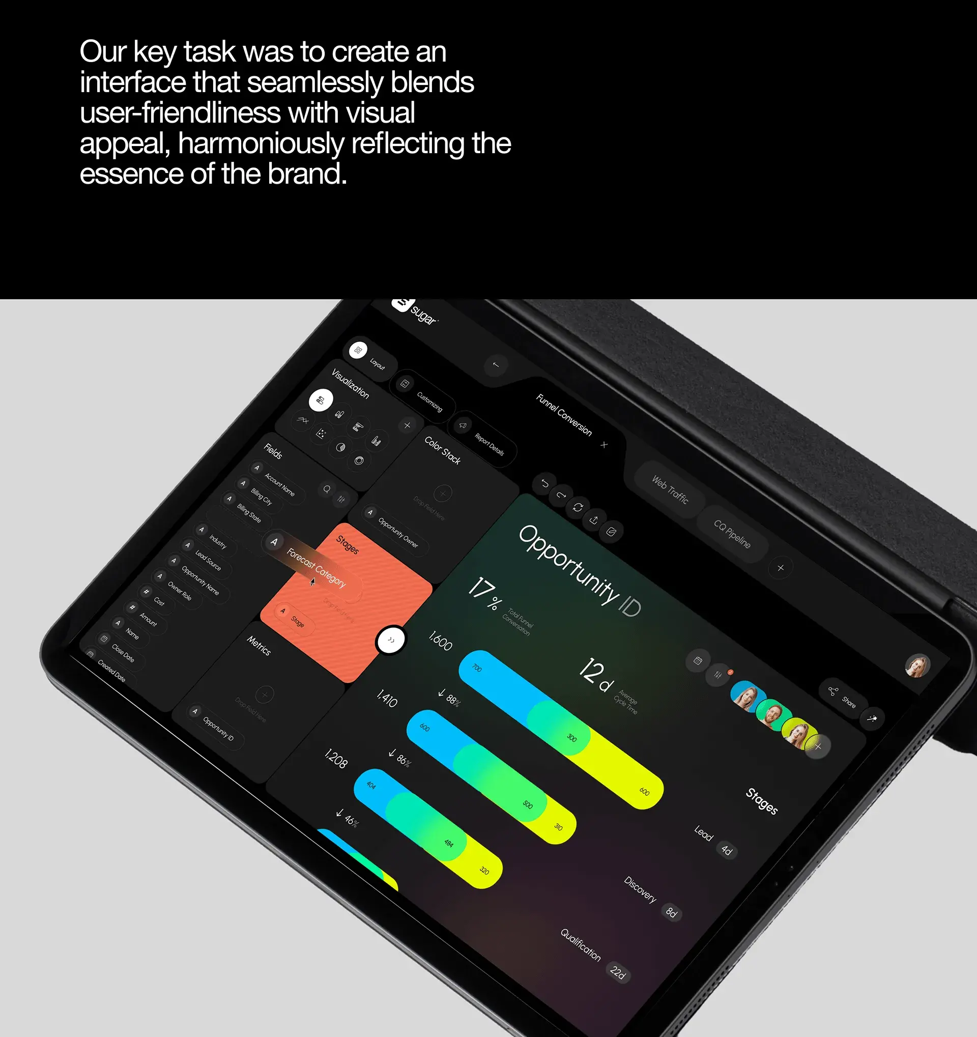 User interface of an enterprise CRM SaaS application displayed on a tablet.