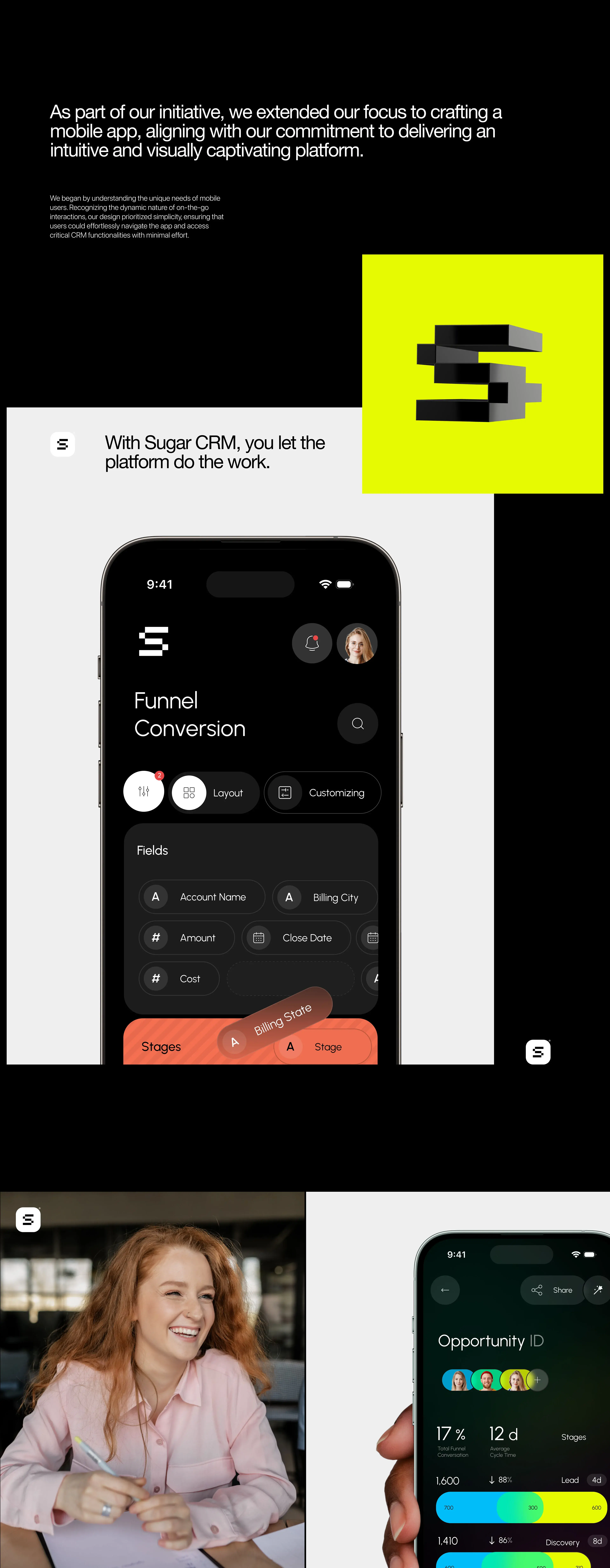 Screenshot of an enterprise CRM mobile interface showcasing the application's design.