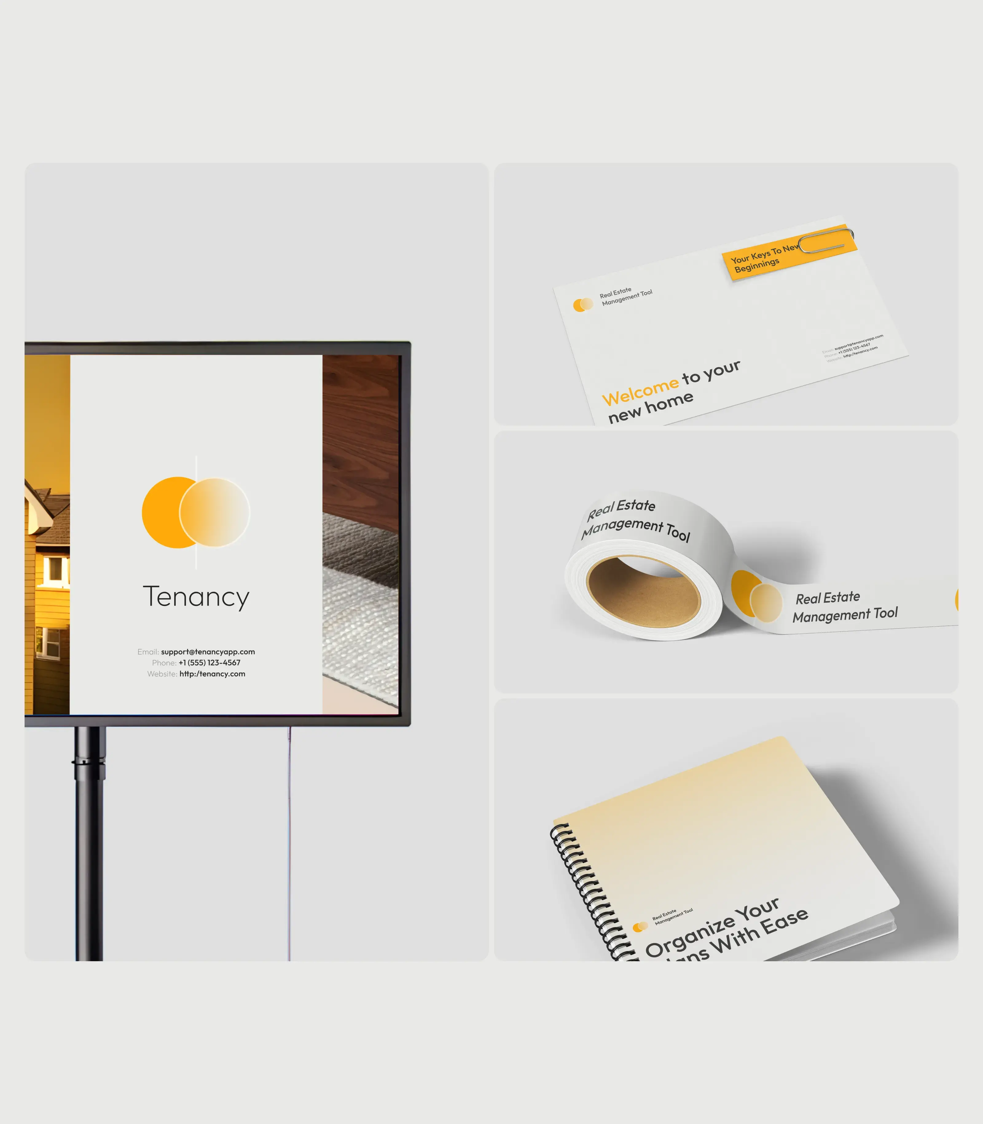 Paper mockups of tenancy property management app UI.