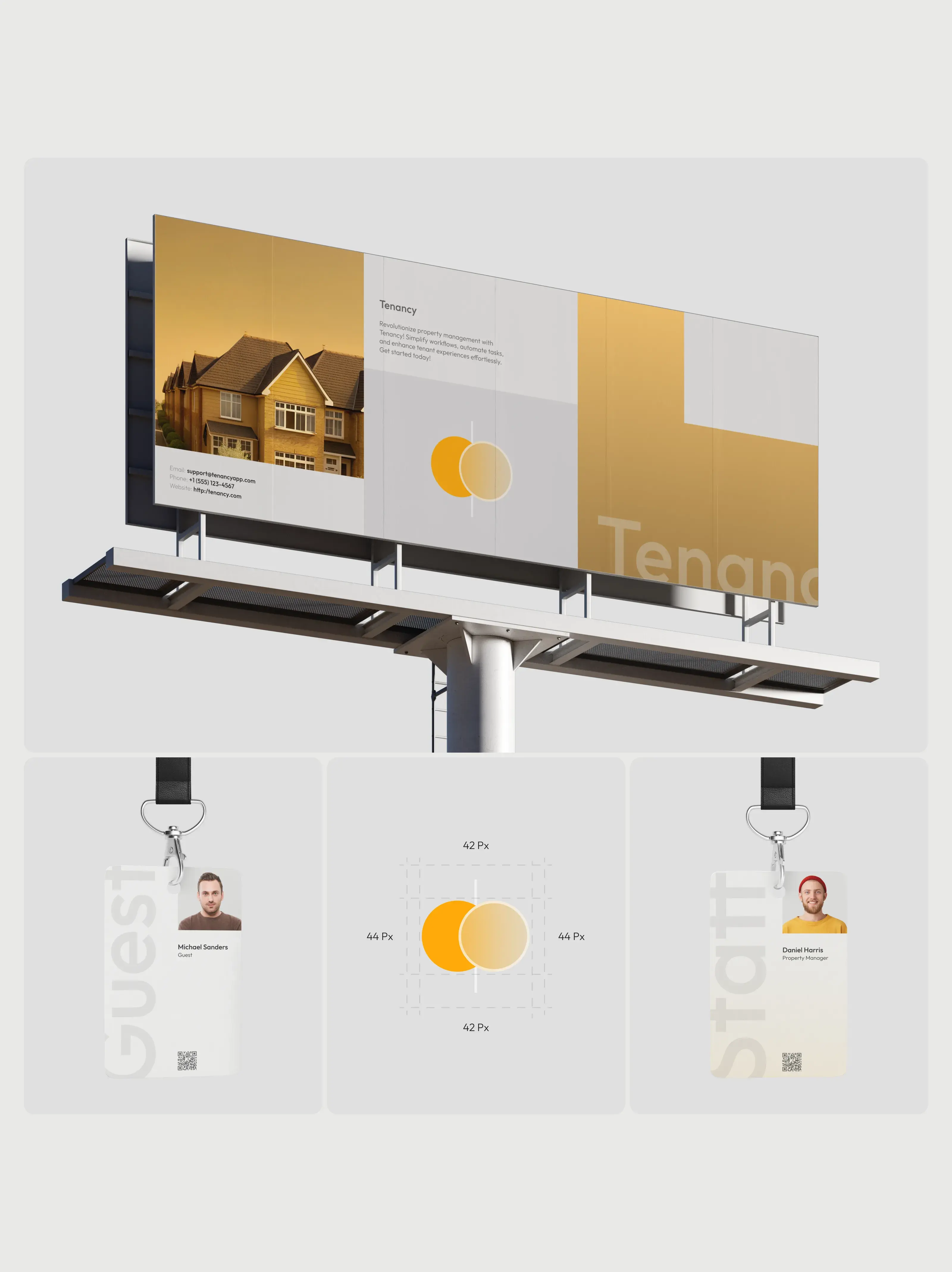 Digital billboard displaying UI design for a property management SaaS app.