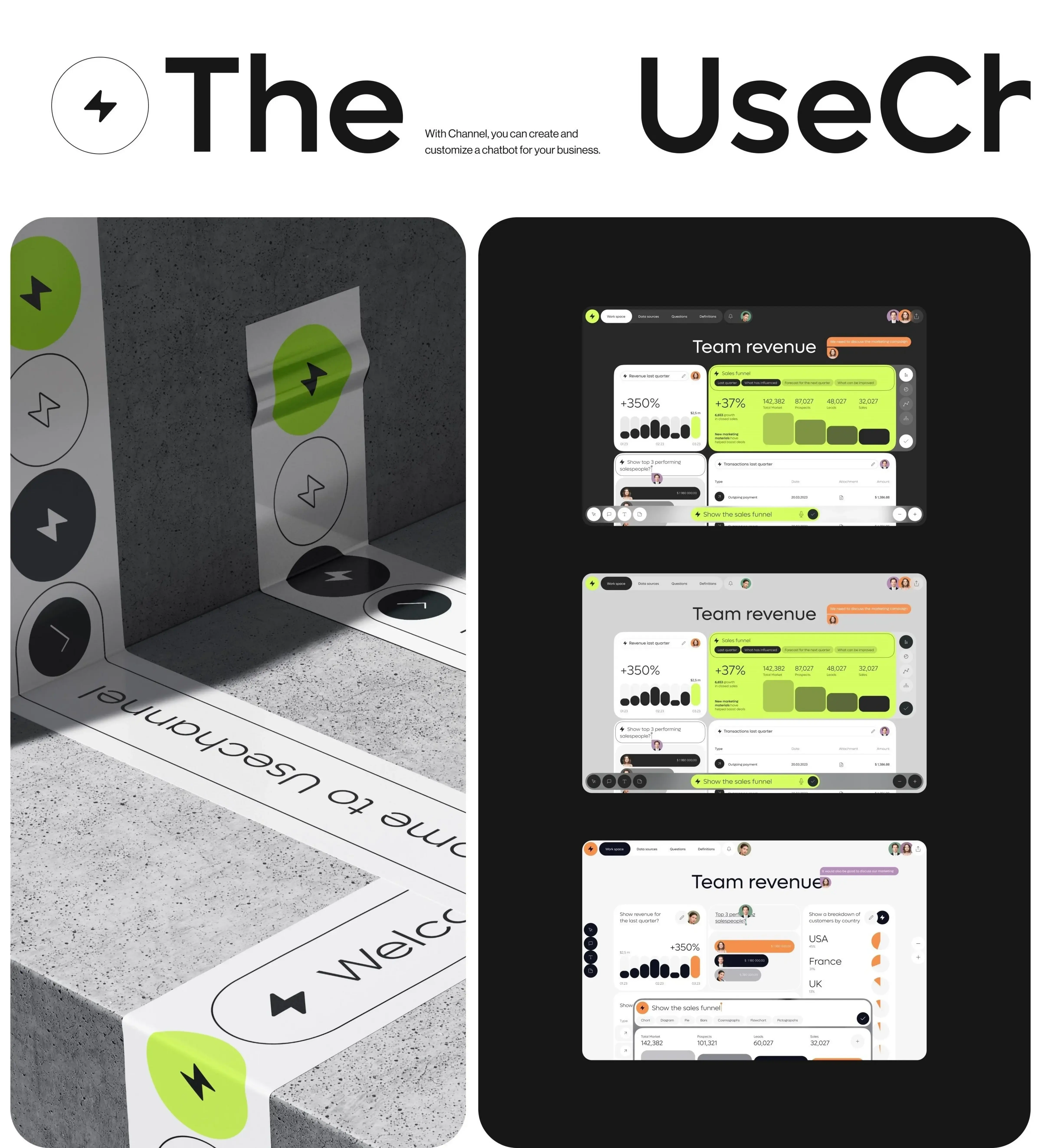Screenshot concept design for the usechannel online AI chatbot platform interface with a meter graphic.