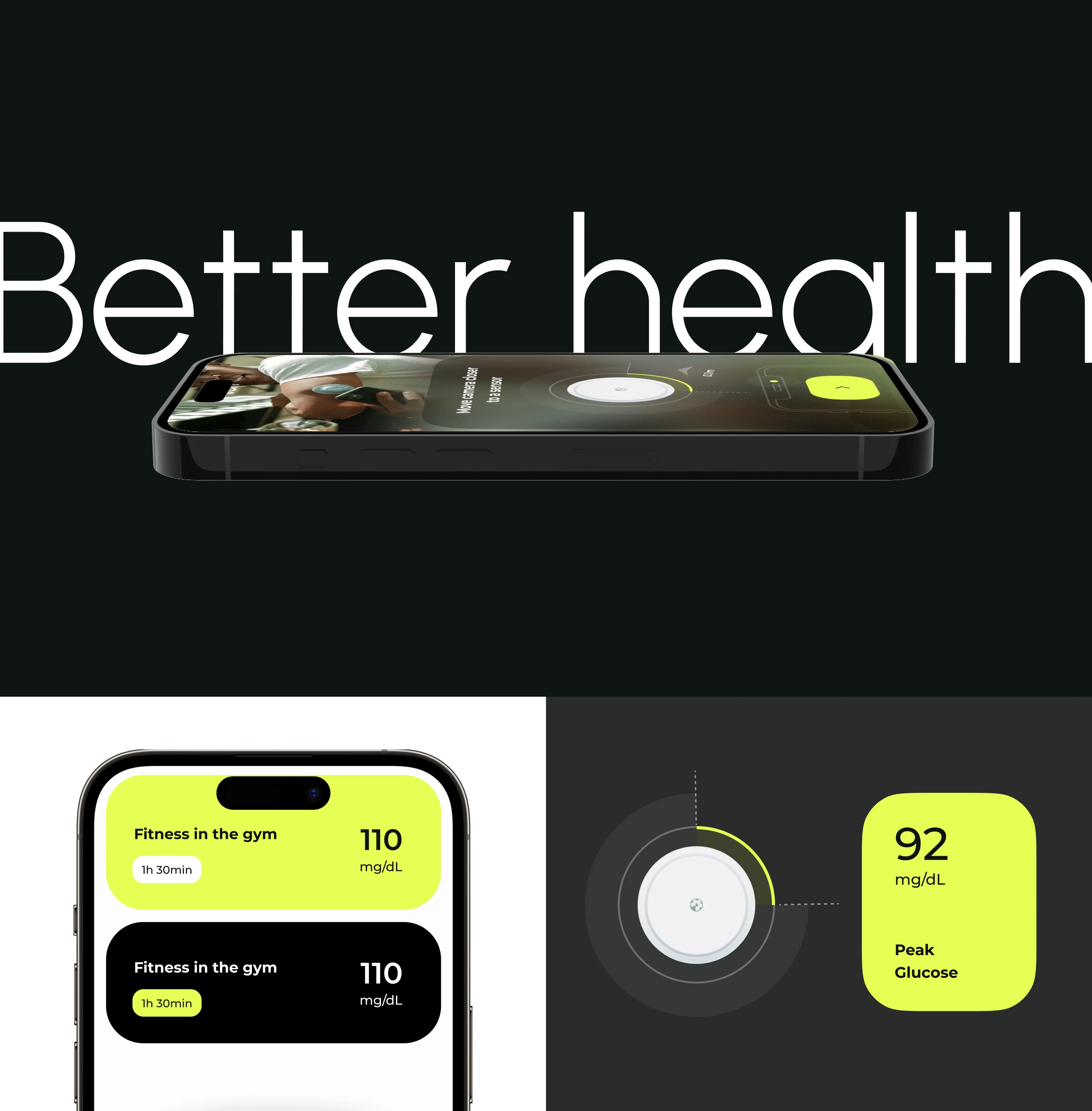 Screenshot of a healthcare mobile app interface showing fitness activity and a 110 mg/dL glucose reading.