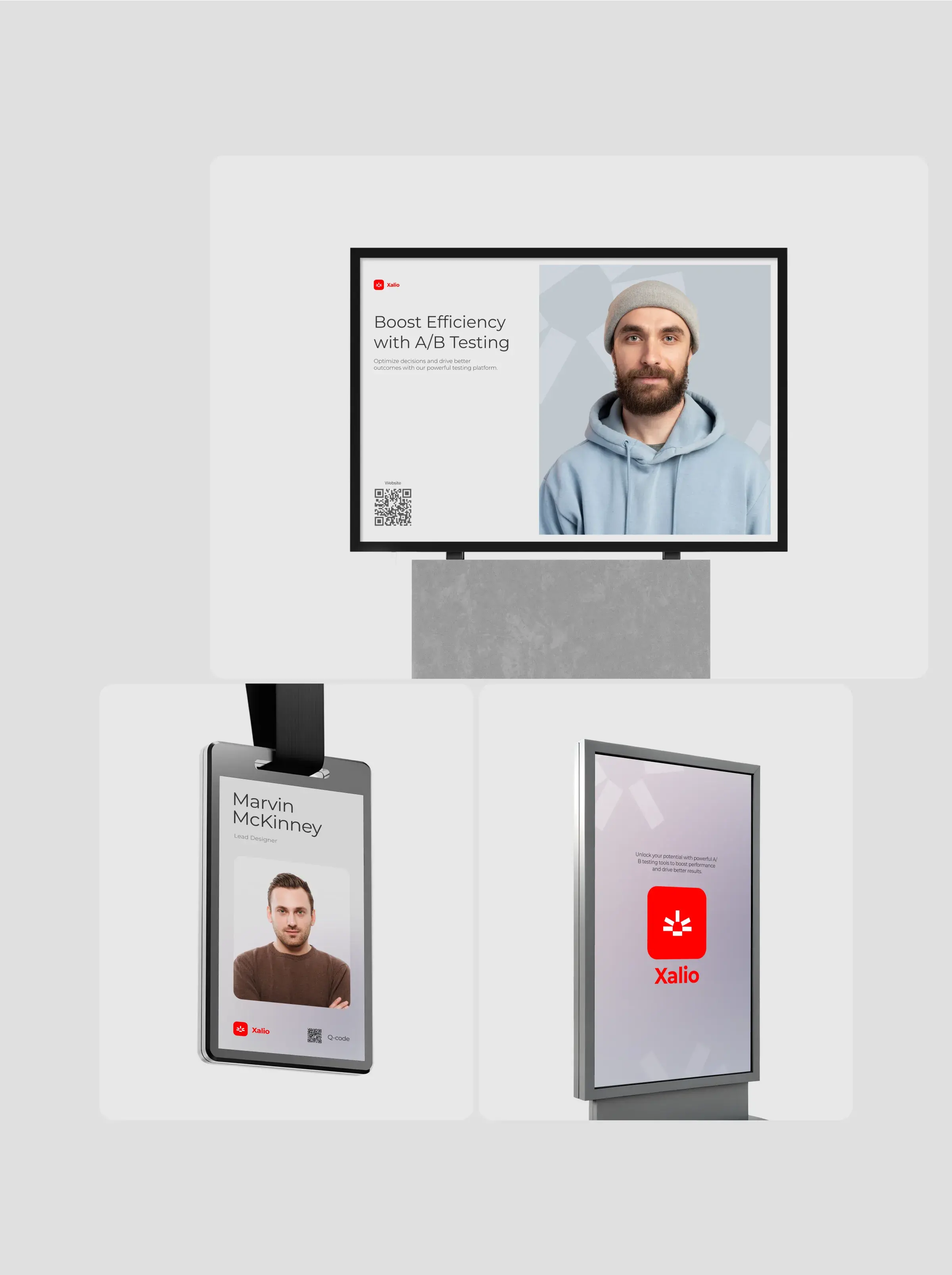 Four people using technology, representing UX/UI design for the xalio SaaS platform and connected devices.