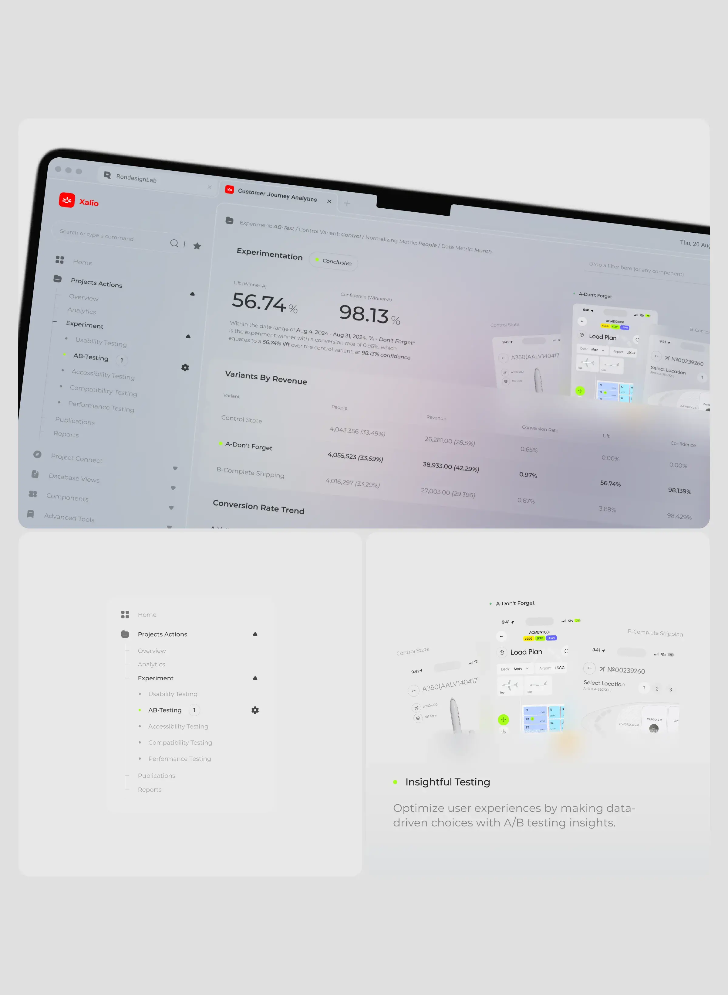 Screenshot displaying the UX/UI design of the Xalio SaaS A/B testing platform.