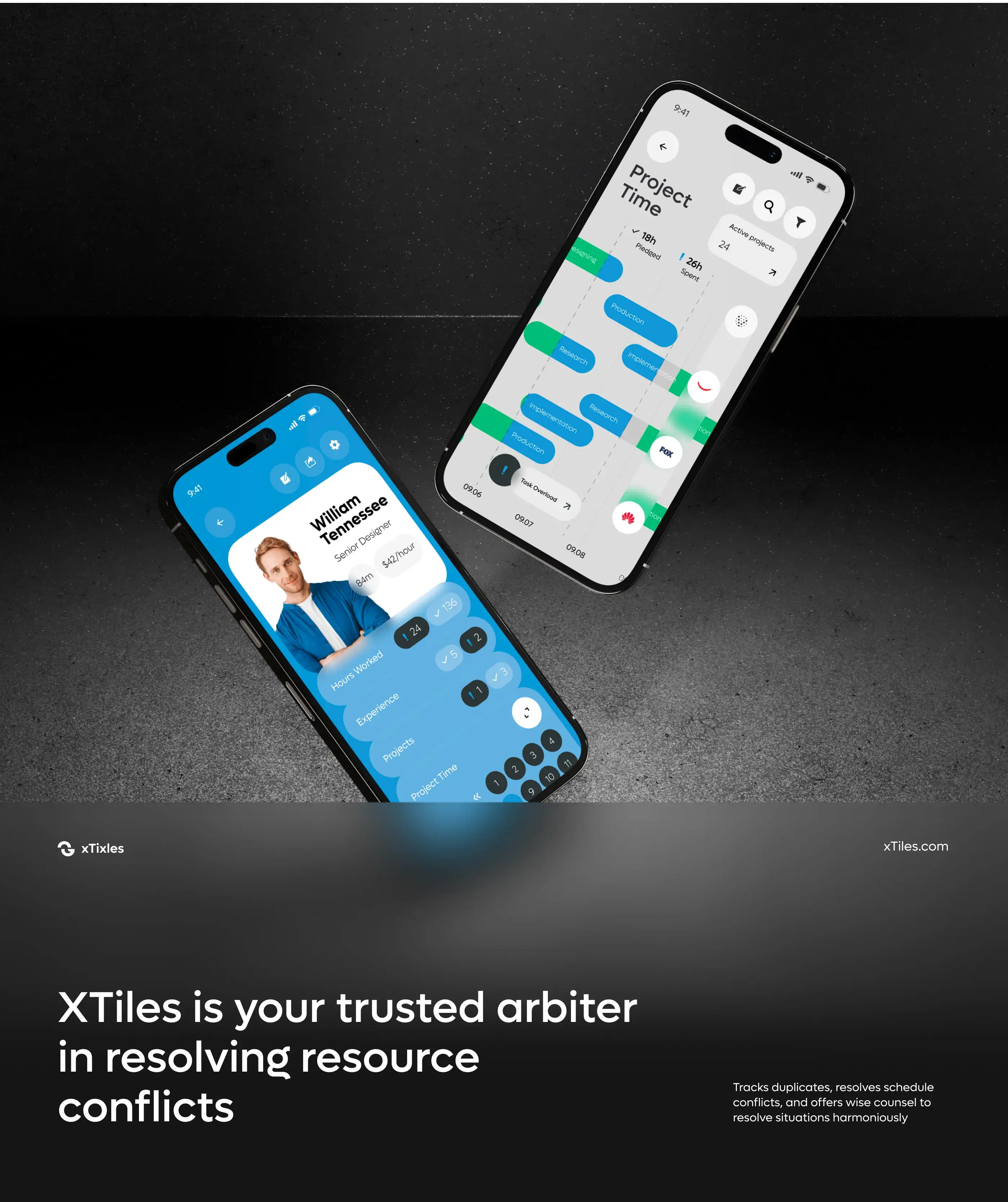 iPhone displaying the xtiles CRM mobile app UI with resource meter.