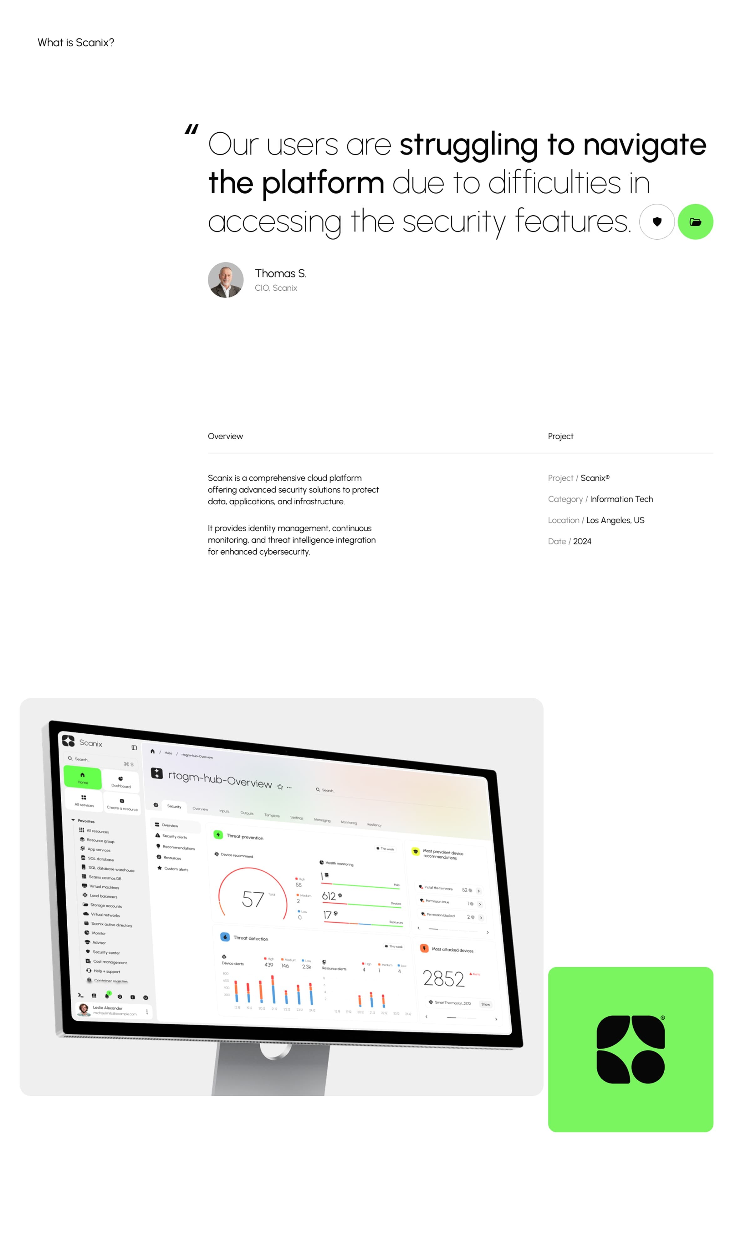 Screenshot of a computer monitor displaying UI/UX design for Scanix AI security web application.