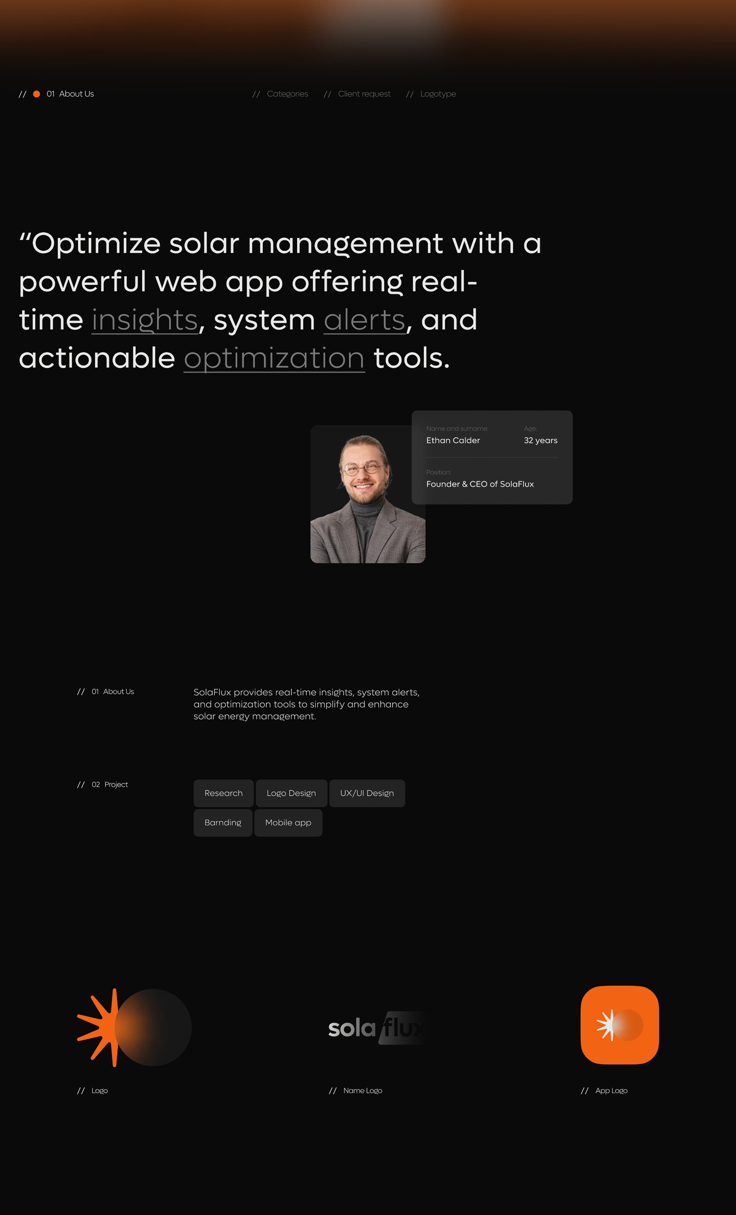 Screenshot of Solaflux solar energy app UI displaying branding and data graphics.