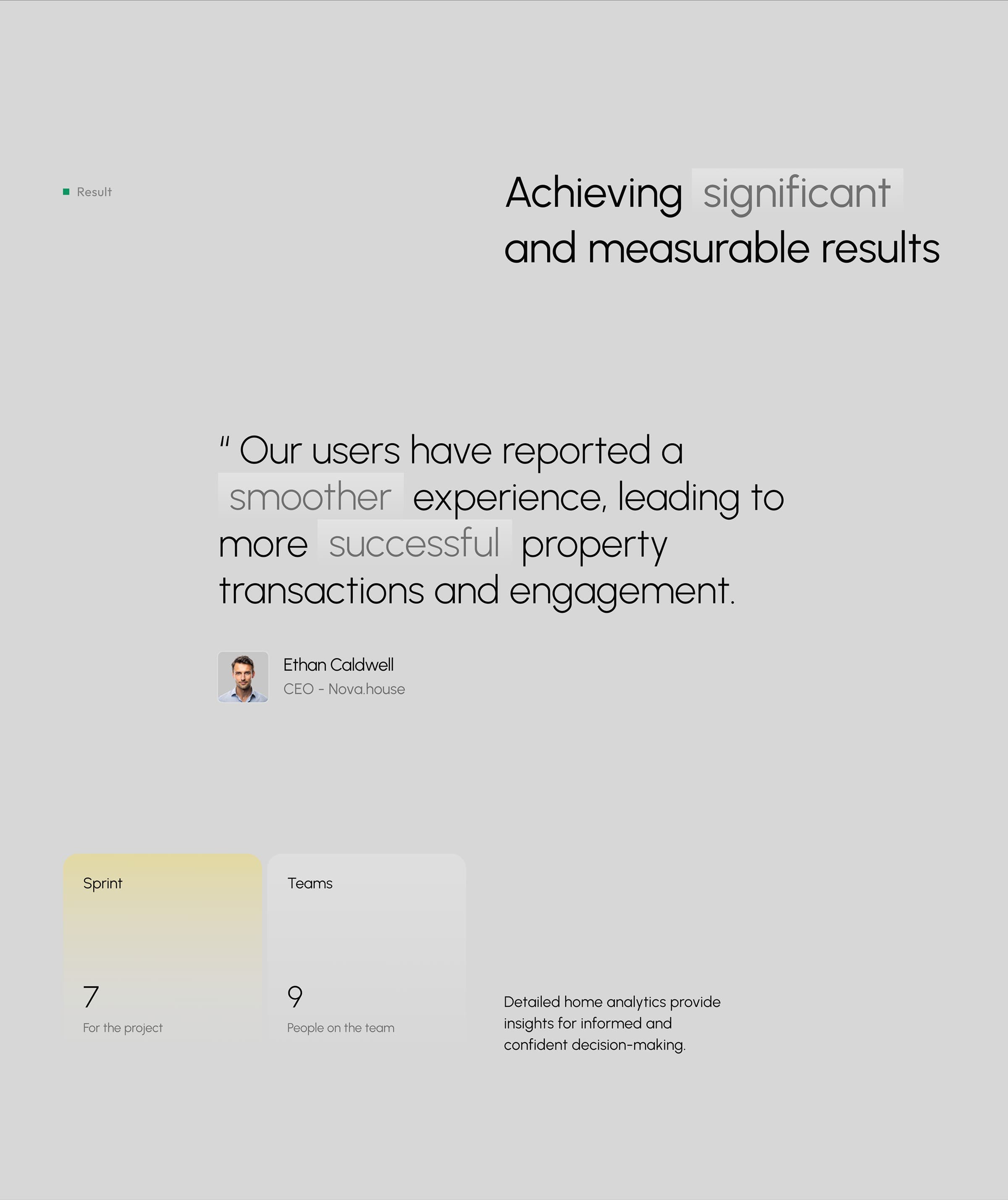 Screenshot from the real estate app UX/UI design project, showing sprint team details and text mentioning detailed home analytics.