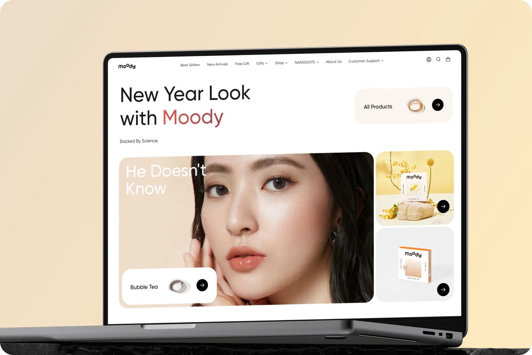 Moody global fashion e-commerce storefront with premium lens product display