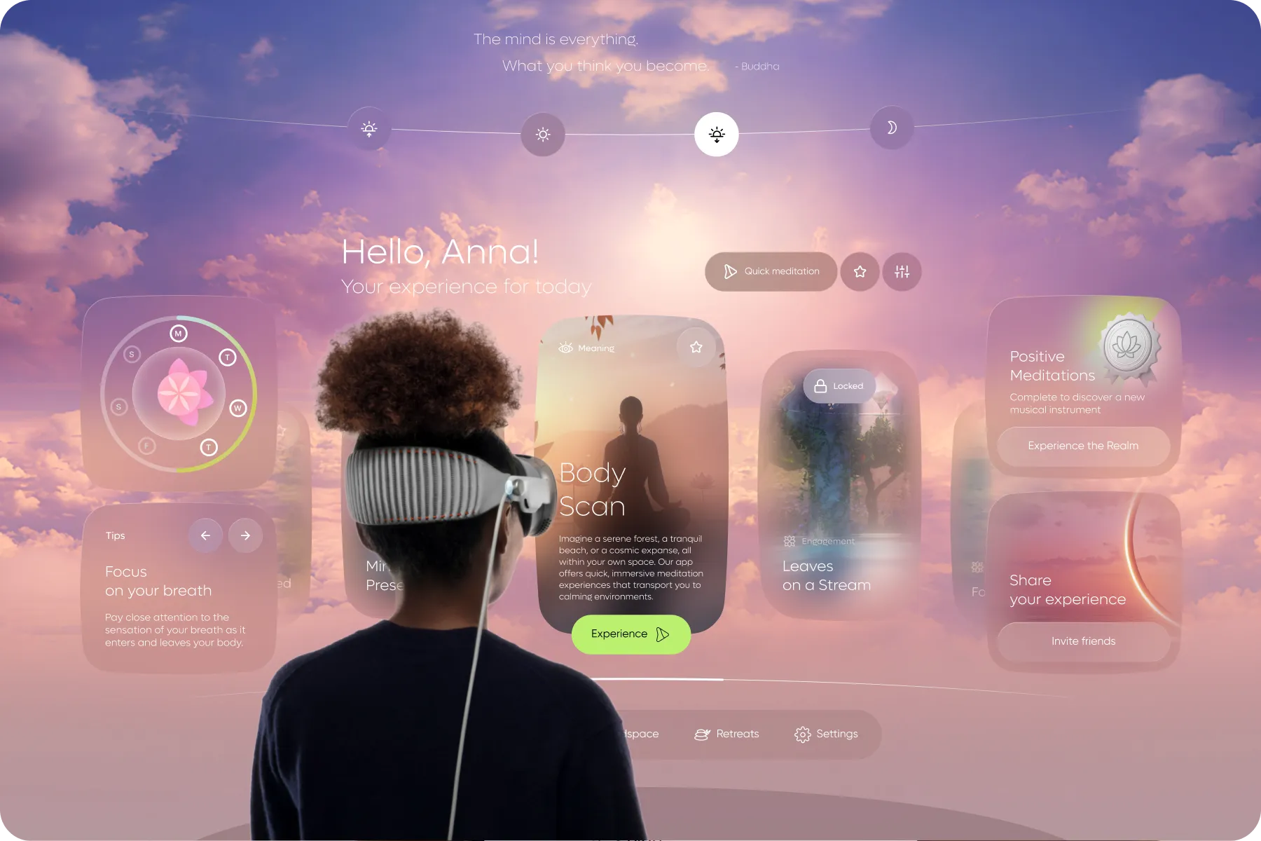 Levitate virtual reality meditation app UI design and visual identity