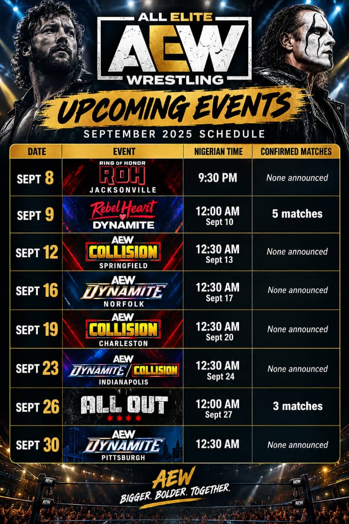 AEW September 2026 Schedule: Every Show, Nigeria Start Time and Confirmed Match