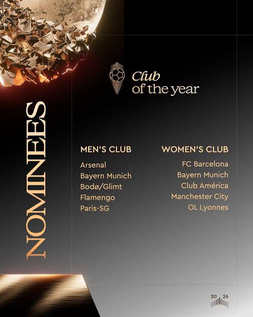 Arsenal, Bayern and PSG Lead Five-Club Shortlist for 2026 Ballon d’Or Club of the Year