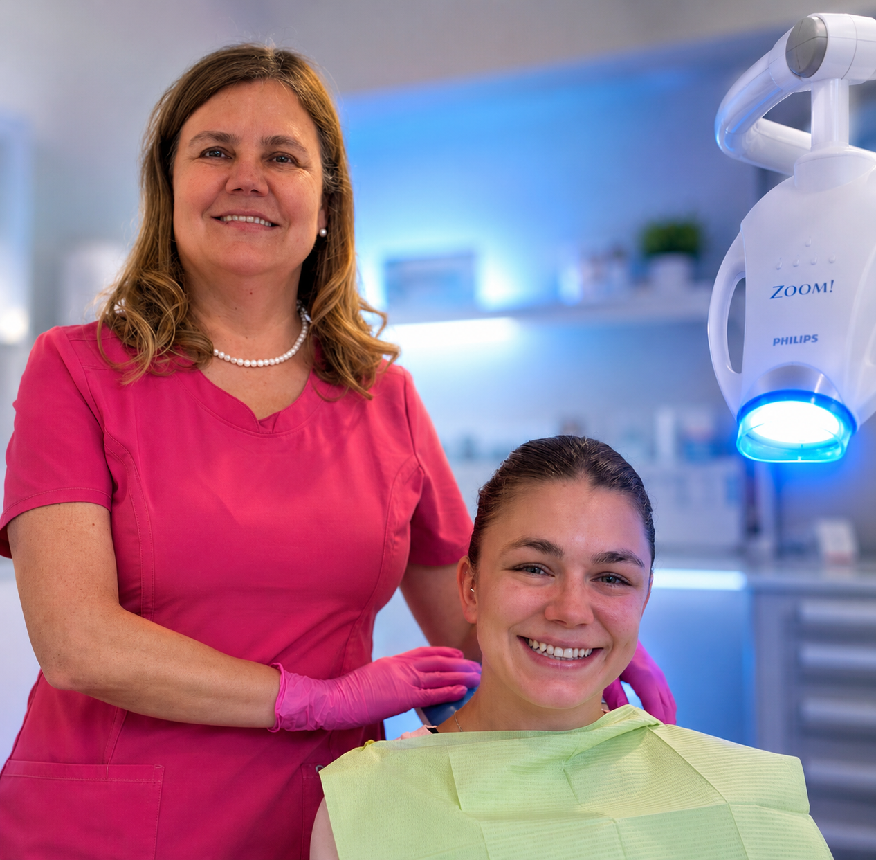 Paciente sonriendo durante sesión de blanqueamiento dental profesional con tecnología Philips Zoom en Dental Vitacura, Vitacura