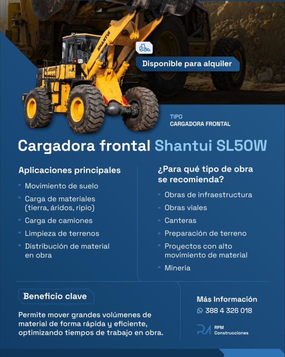 Cargadora frontal de la flota propia de RPM Construcciones