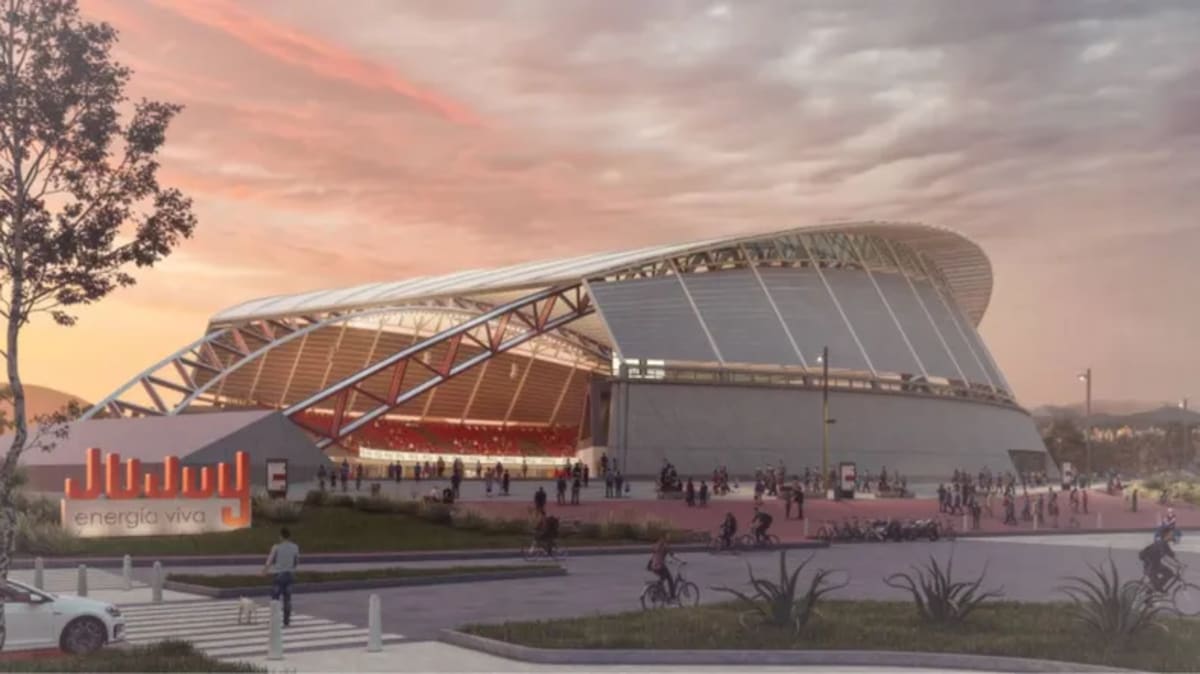 Render del Microestadio Ciudad Deportiva terminado, visto desde el acceso
