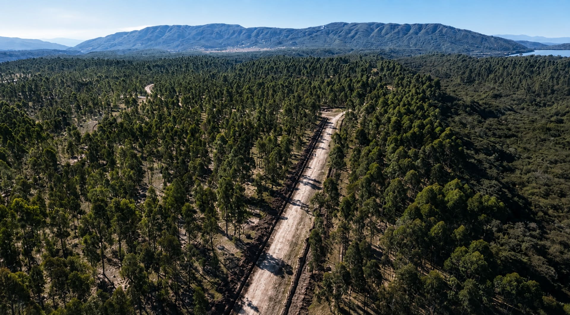 Vista aérea del valle arbolado de La Almona con una de las calles abiertas por RPM Construcciones