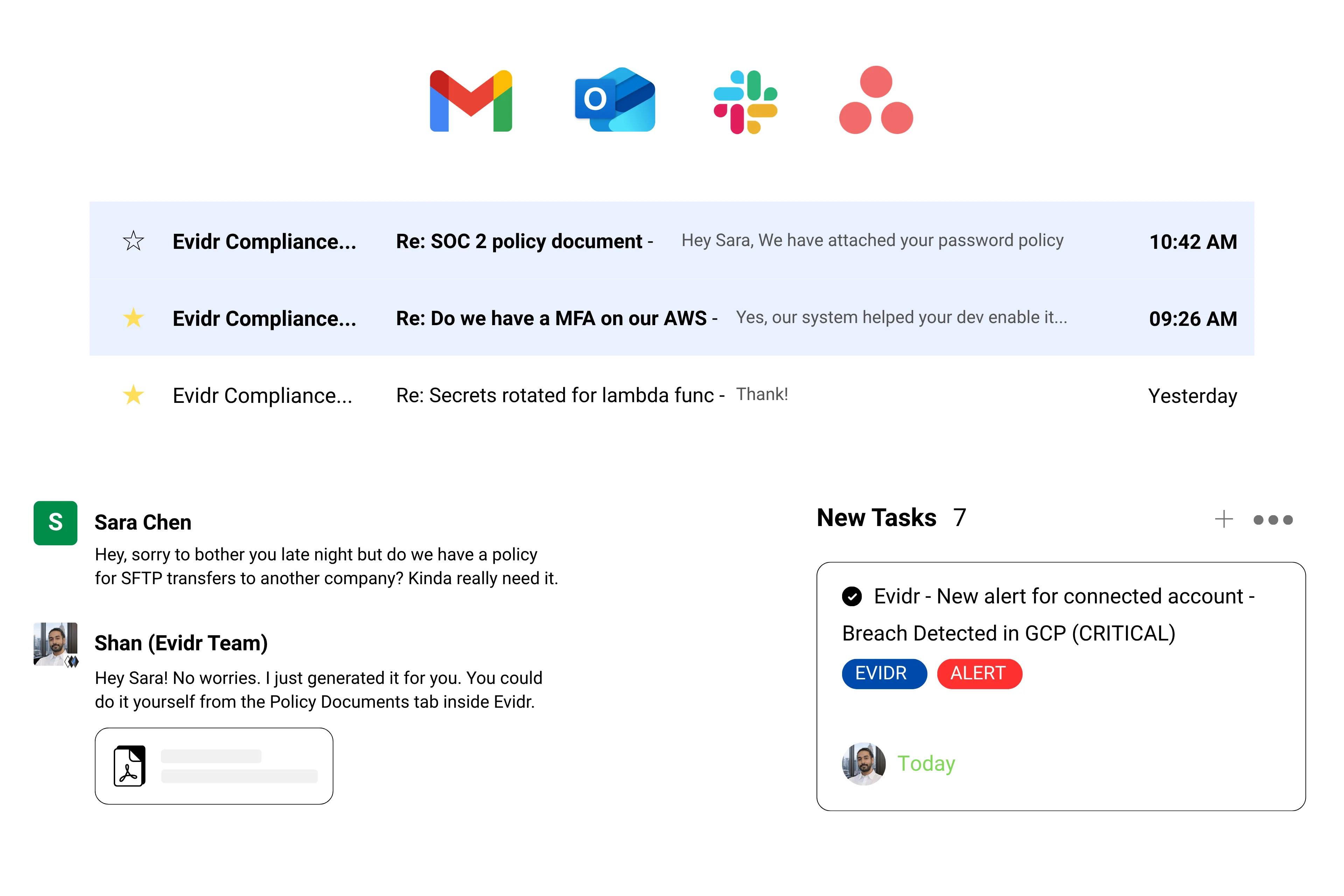 Evidr dedicated compliance support across Slack, email, and Asana