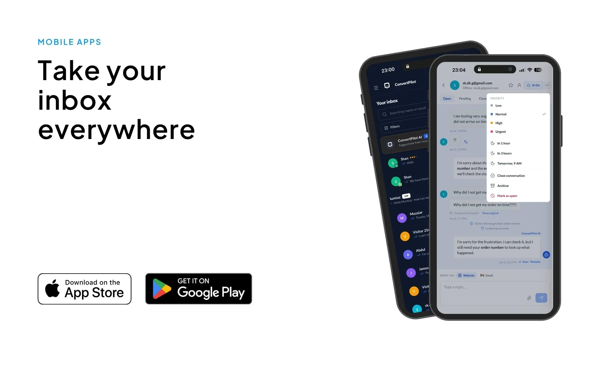 ConvertPilot mobile app for iOS and Android showing the omnichannel inbox and customer conversations
