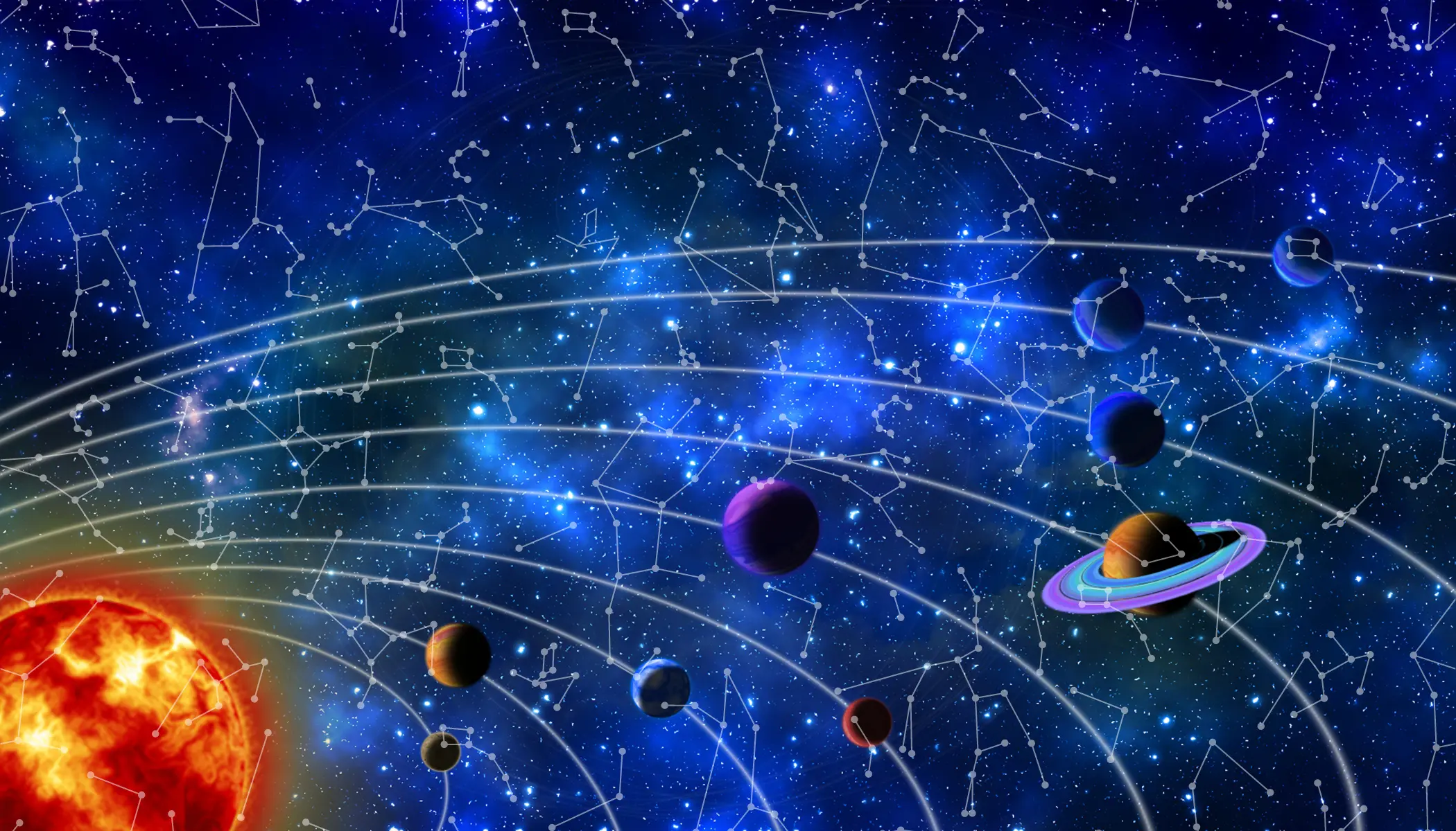 Planets orbiting the sun against a star map of constellations