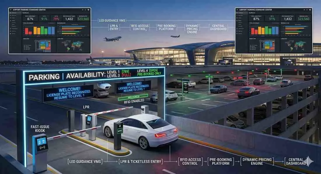 Illustrative diagram and photo showing modern airport parking tech, including LPR, RFID, real-time availability displays, and analytics dashboards.