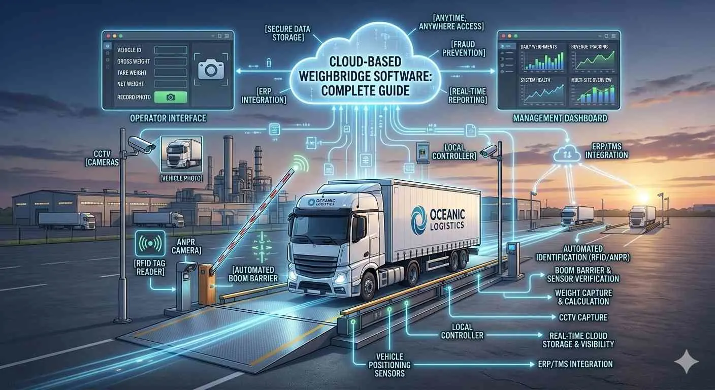 Infographic detailing a cloud-based weighbridge system, connecting physical hardware to operator and management dashboards for optimized industrial operations.