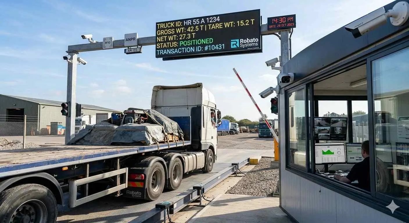 A truck on a weighbridge with an LED display showing real-time weight, ID, and transaction data at a facility.