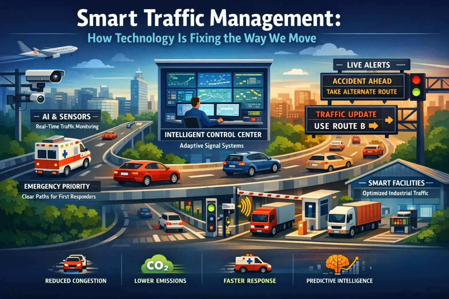 Smart traffic management infographic showing AI control, adaptive signals, real-time data, and smart facility traffic optimization in a modern city landscape