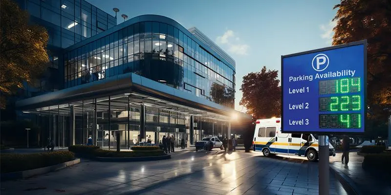 Modern hospital parking with smart guidance system, LED indicators, and organized vehicle flow for patients and emergency access.