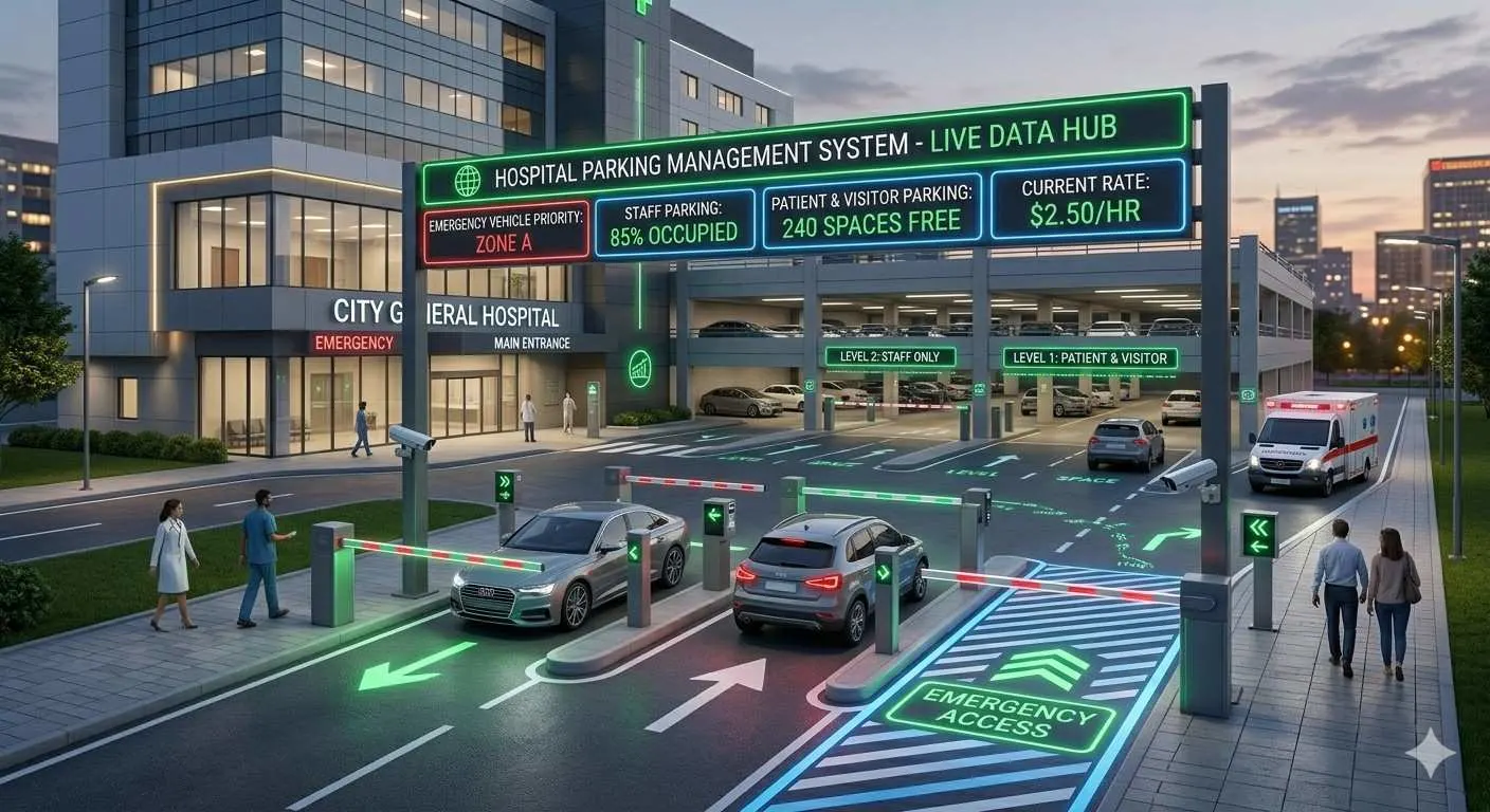 Modern hospital entrance featuring a smart parking management system with LED displays and automated barrier gates.