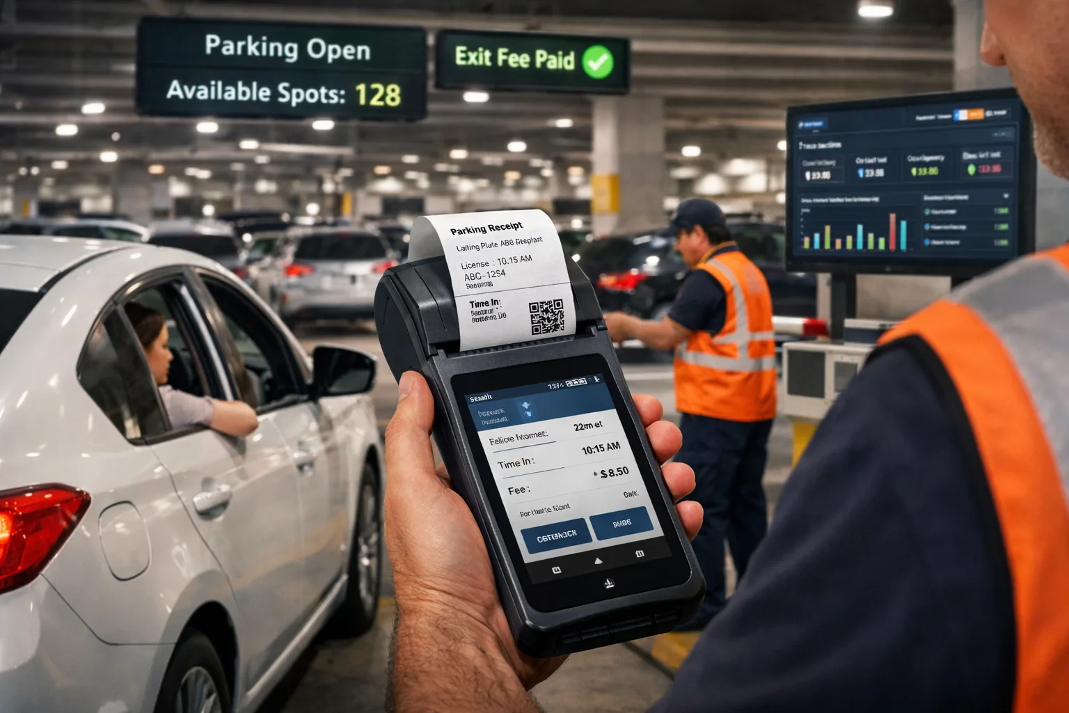 Parking attendant using handheld POS device to process payment and print receipt beside car in a modern parking facility
