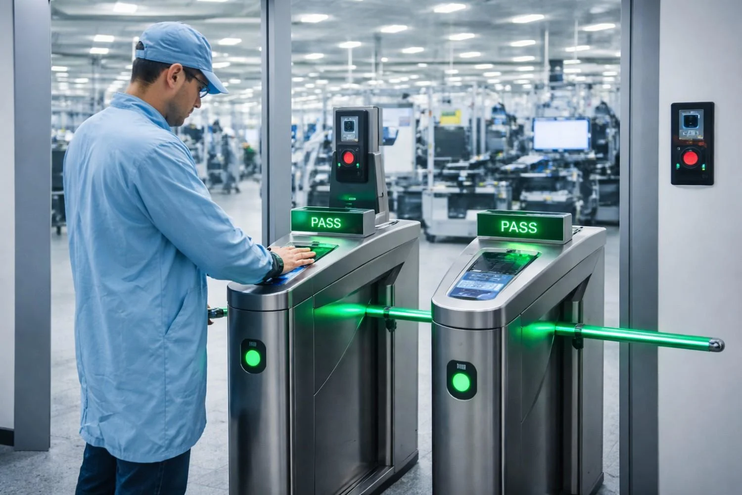ESD turnstile gate with worker performing static test before entering cleanroom with LED indicators and secure access control system.