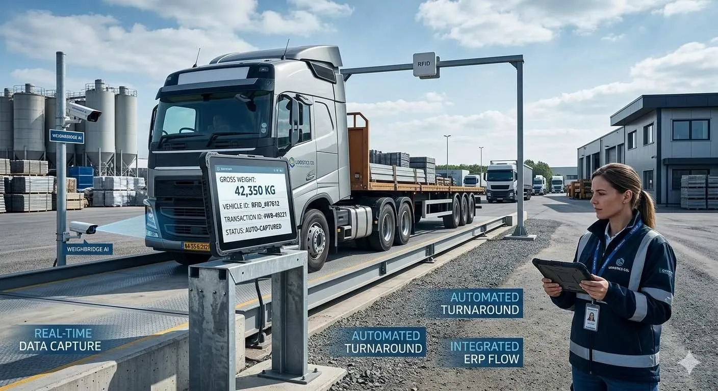 Logistics yard with heavy truck on an automated weighbridge platform capturing vehicle data.