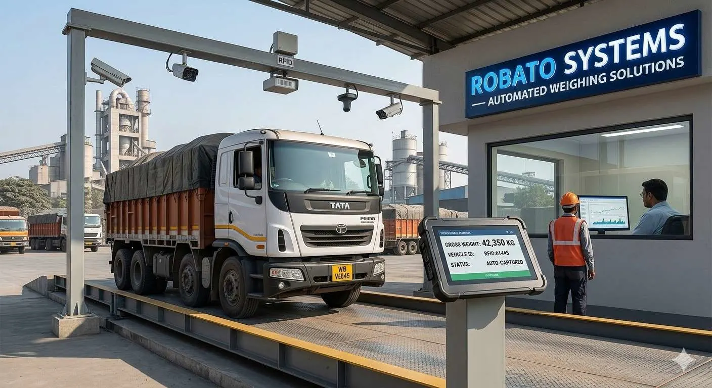 Automated weighbridge system in Howrah, India, capturing heavy truck weight and RFID data for logistics.