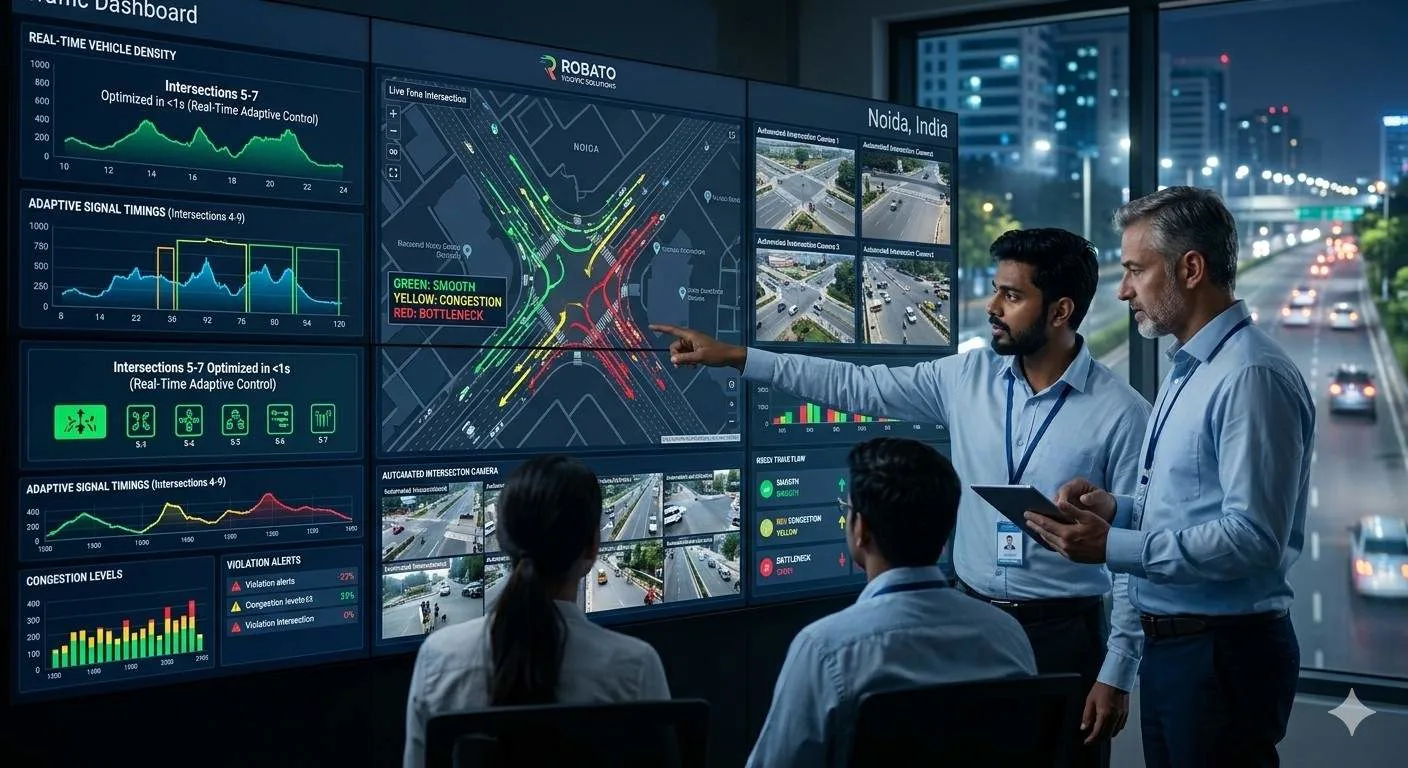 Smart traffic management center dashboard in Noida, India, using AI for real-time congestion control and vehicle tracking.