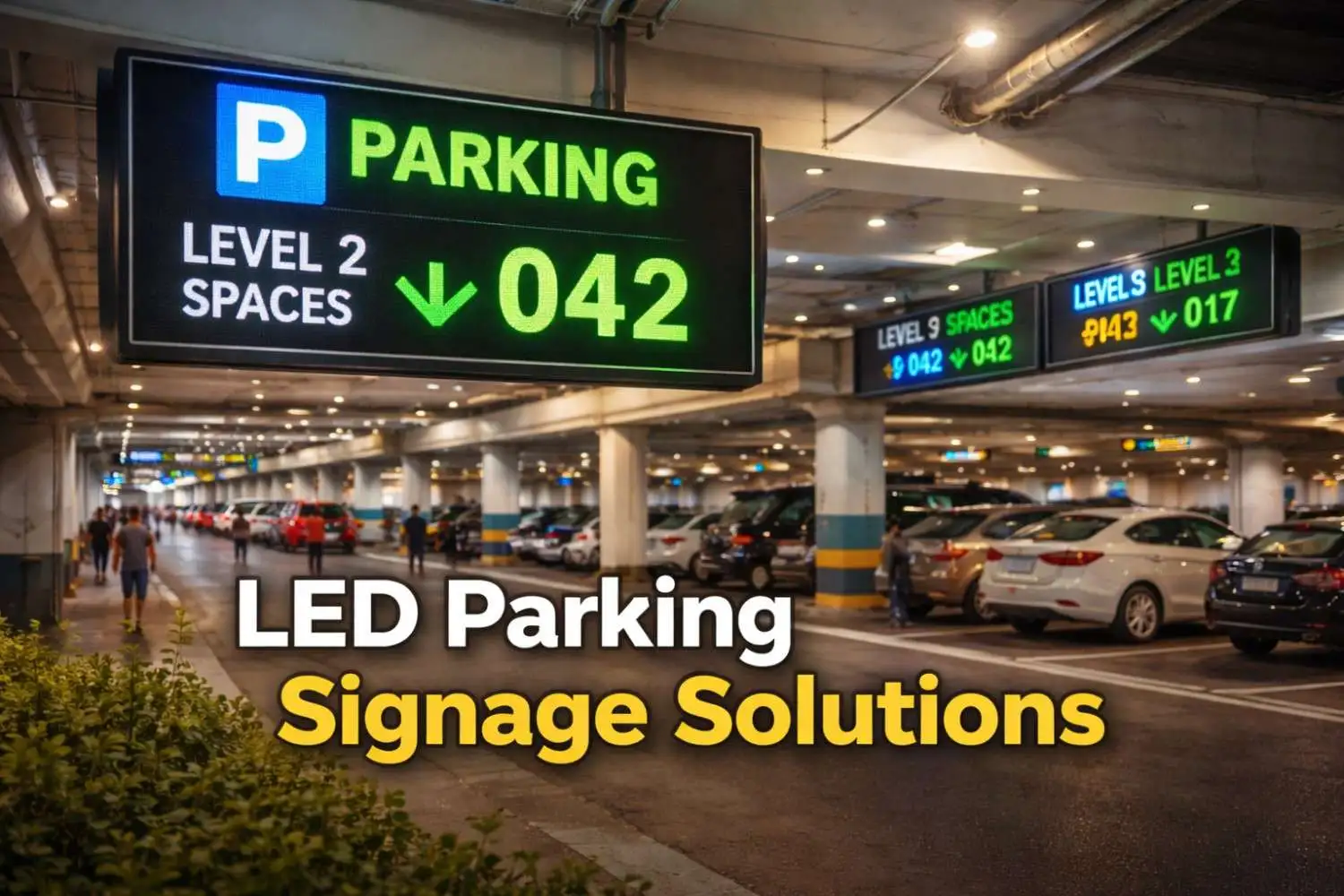 LED parking signage displaying real-time space availability and directions inside modern multi-level parking garage for efficient vehicle navigation