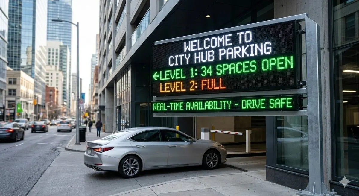 Vibrant LED parking sign displaying real-time space availability to reduce traffic congestion and improve urban driver experience.